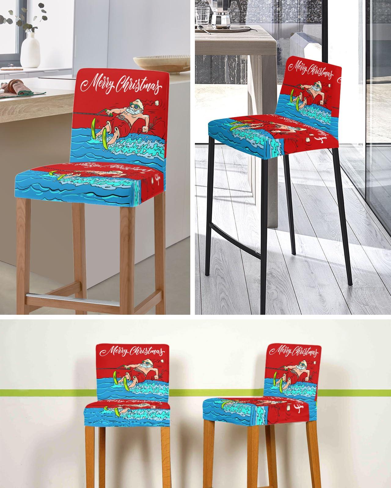 Boanket Red Santa Christmas Bar Stool Covers Set of 4 - Stretch Dining Chair Cover, Xmas Coastal Merry Christmas Kitchen Chair Slipcover Removable Counter Stool Cover for Island Chair, Pub Chair, Cafe