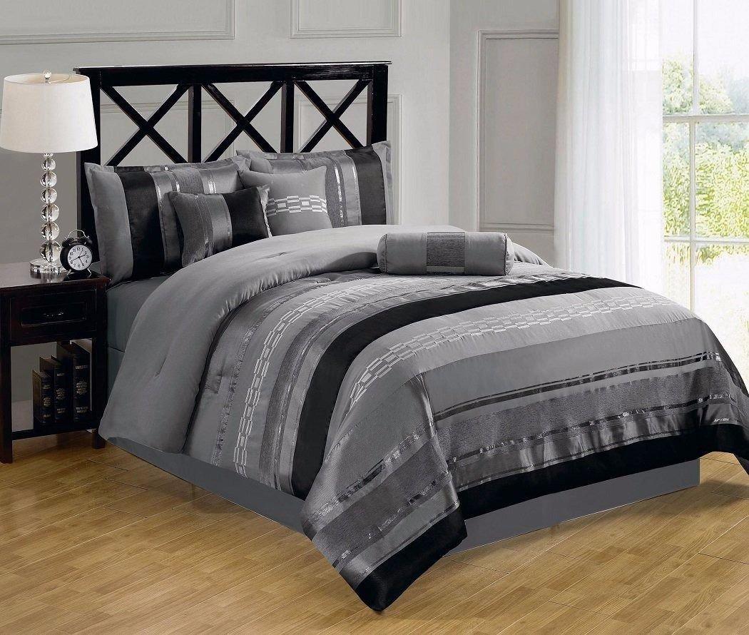 Duvet Cover Collection 7-Piece Black Gray Chenille Embroidered Comforter Set, King