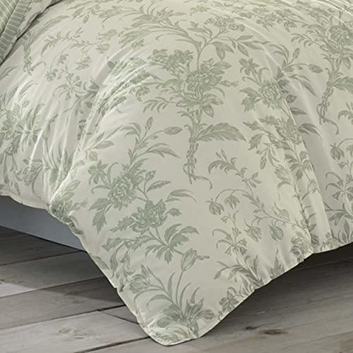 Laura Ashley Laura Ashley Home - King Size Comforter Set, Reversible Cotton Bedding, Includes Matching Shams with Bonus Euro Shams & Throw Pillows (Natalie Sage/Off White, King)