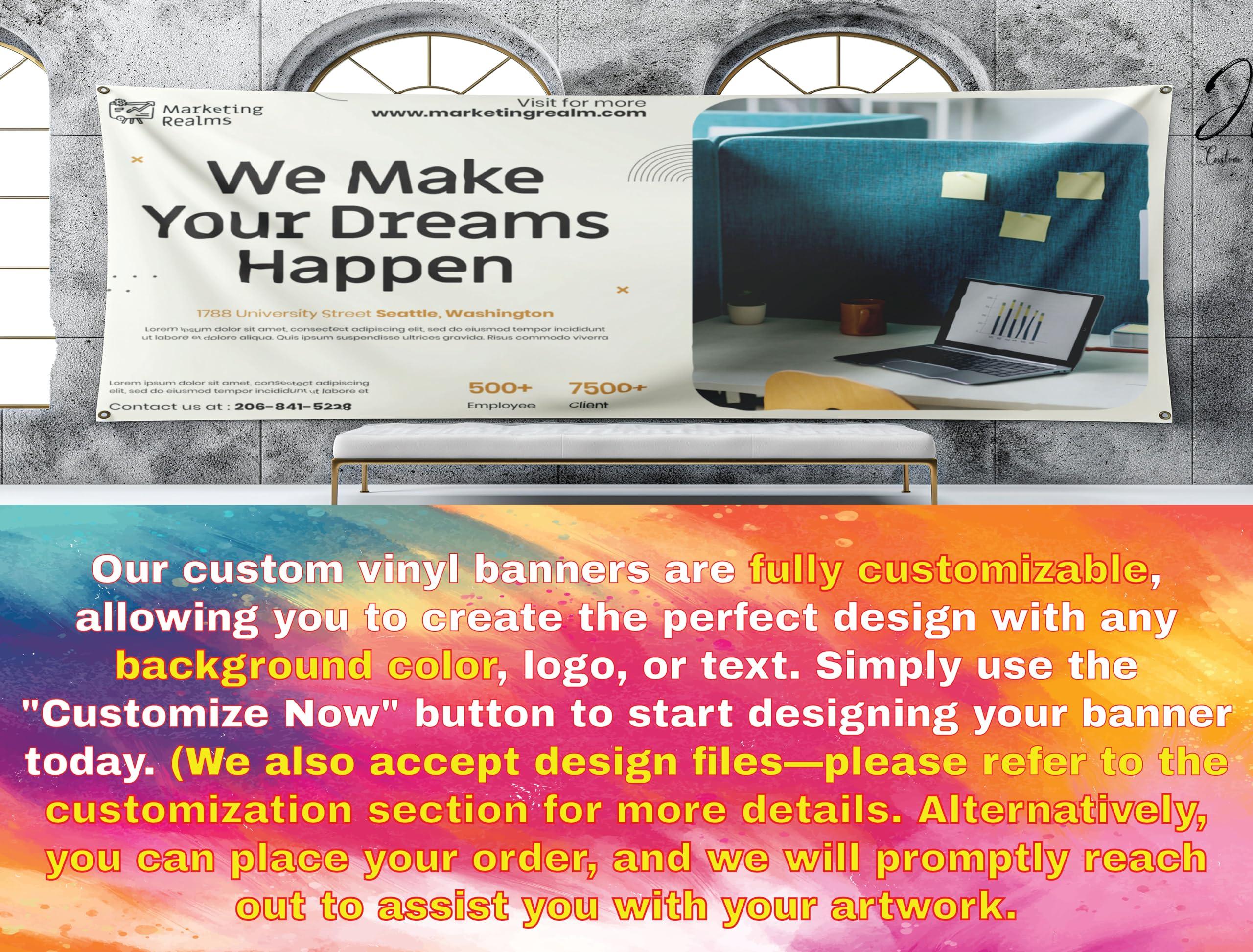 J+M Prints Personalized Custom Vinyl Banner Printing Indoor or Outdoor use Printed Business Event Birthday Party Large Custom Vinyl Banner for Party Decoration (Banner WITH hem, 36x24in(3x2ft))