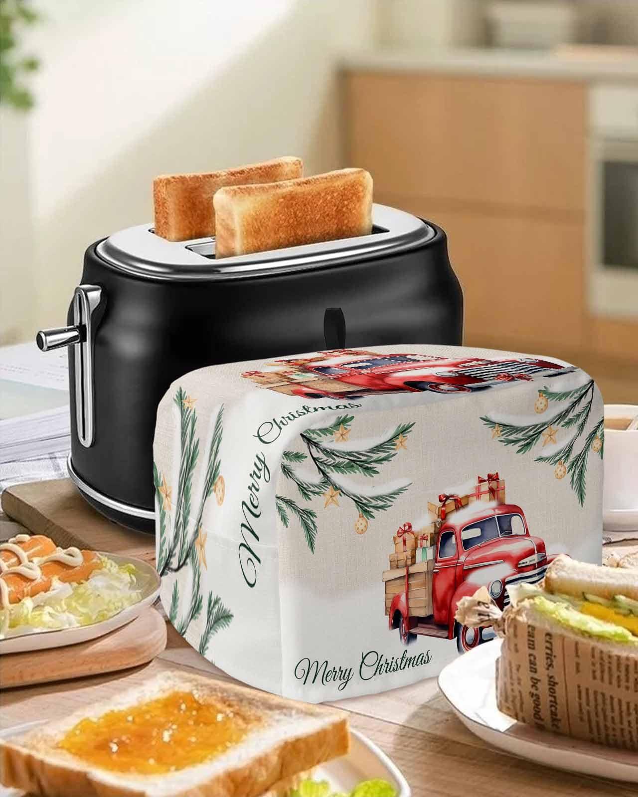 Jolunifun Toaster Cover 4 Slice Red Truck Xmas Ball Star Snowy Pine Leaves Small Appliance Cover Toaster Dustproof Fingerprint Protectors Machine Washable,Thanksgiving Kitchen Decor Accessories