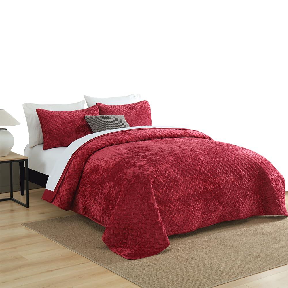 Liians Liians Velvet Bedspread Quilt Bedding Sets,Luxury Elegant Ultra Soft Velvet Comforters Coverlet Blankets,Weave Stitching Pattern Quilted Bedspread for All Seasons,Red,King Size