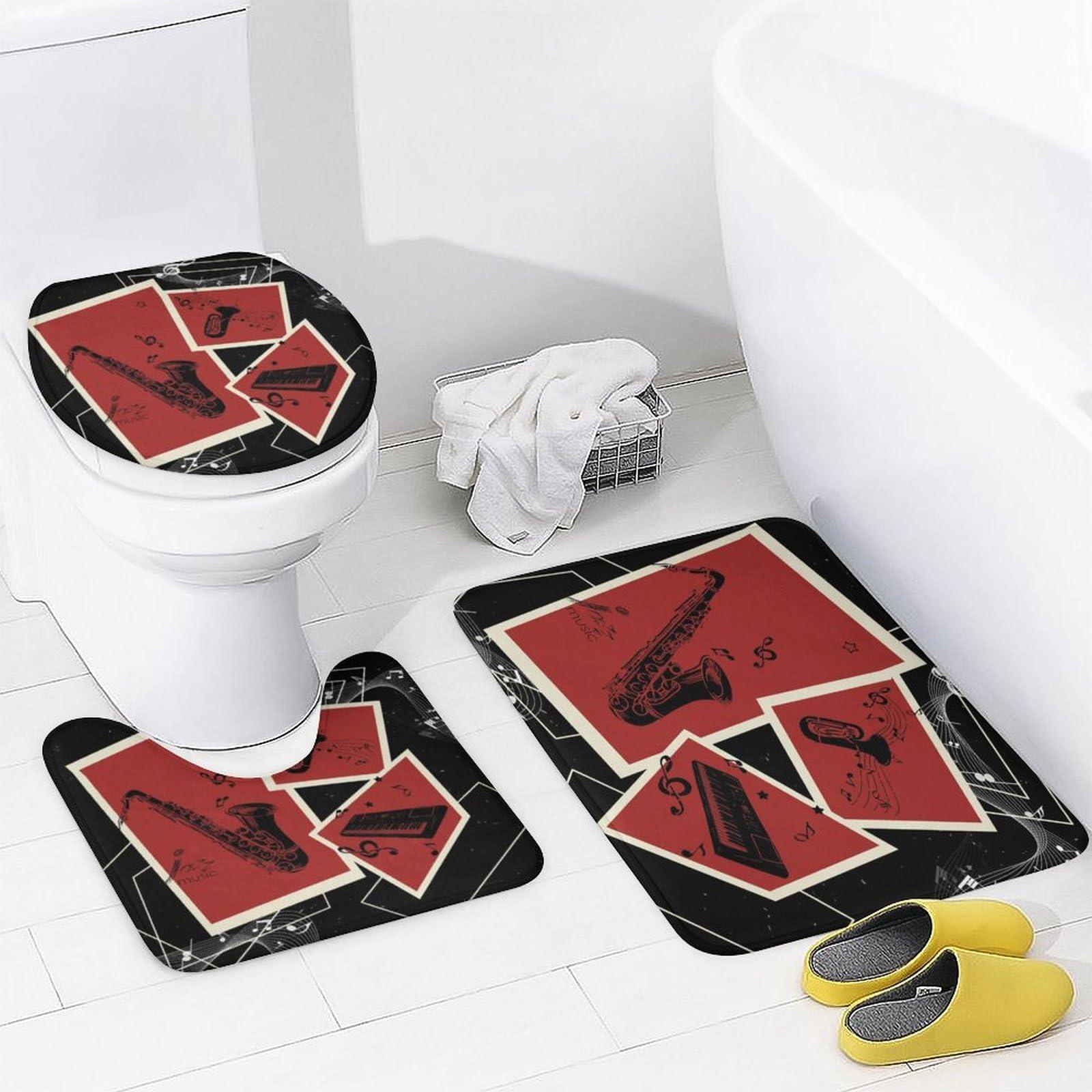 brebasf Brebasf Jazz Music 4 Pcs Shower Curtain Bathroom Set Retro Music Sax Jazz Instrument Red Shower Mat Shower Curtain with Rug 12 Hooks,72\" W x 72\" L