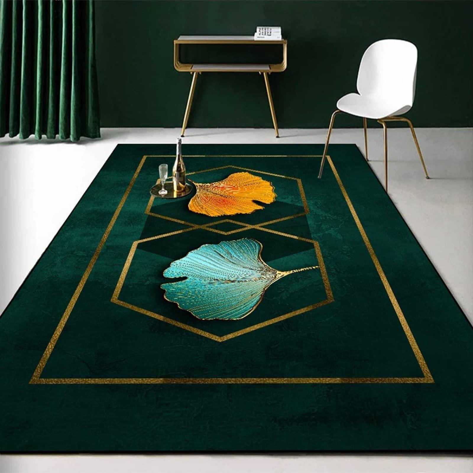 KeletiRug Modern Area Rug Blue Yellow Leaves Abstract Green Gold Pattern Designer Carpet Living Bedroom Dining Room Home Decorator Soft Non-Slip Large Home Floor Carpet 78" x 118"