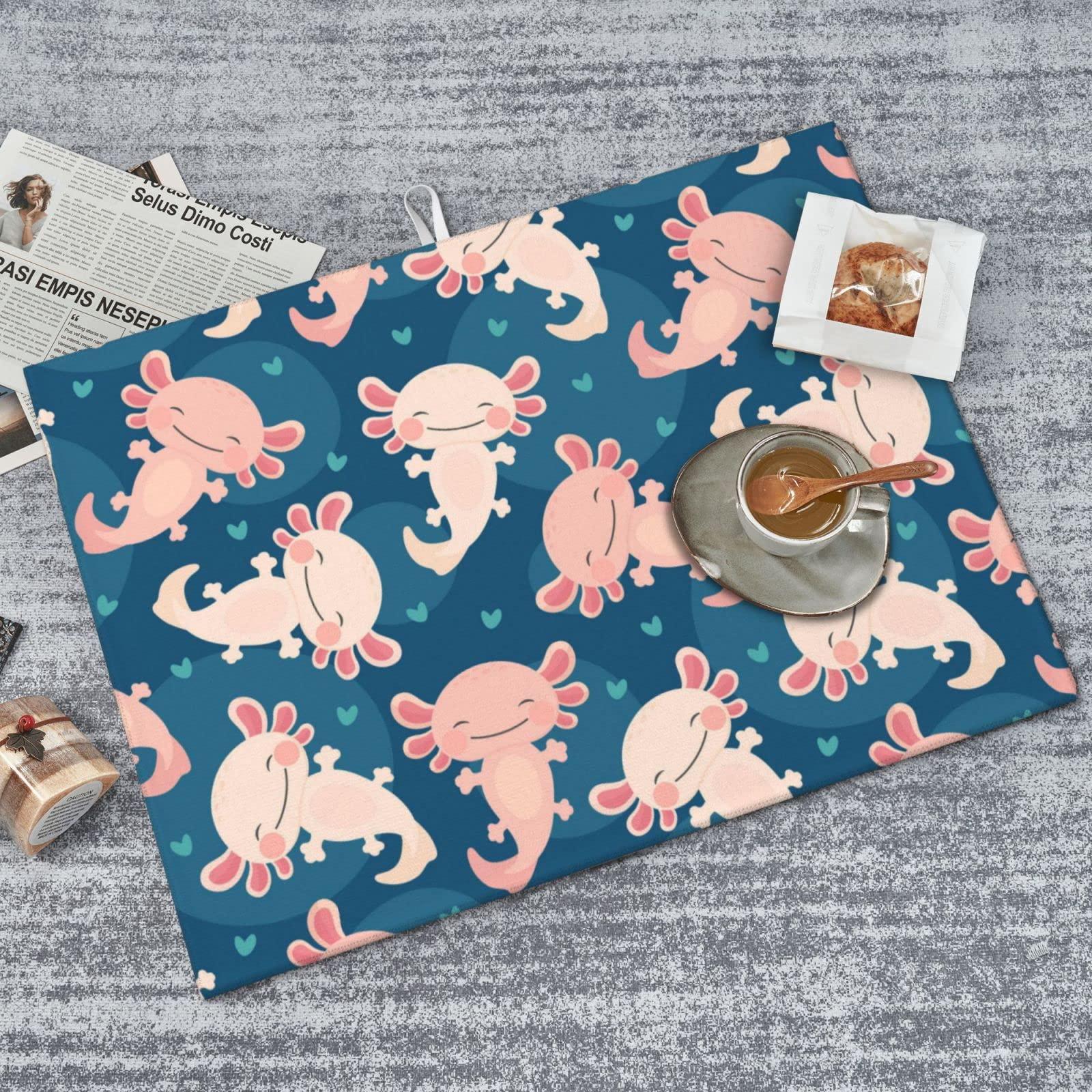 FINOWIN Dish Drying Mat for Kitchen Counter, 18x24 Inch Baby Axolotl Kawaii Dish Drainer Mat, Absorbent Reversible Microfiber XL Dish Drying Rack Pad for Kitchen Accessories