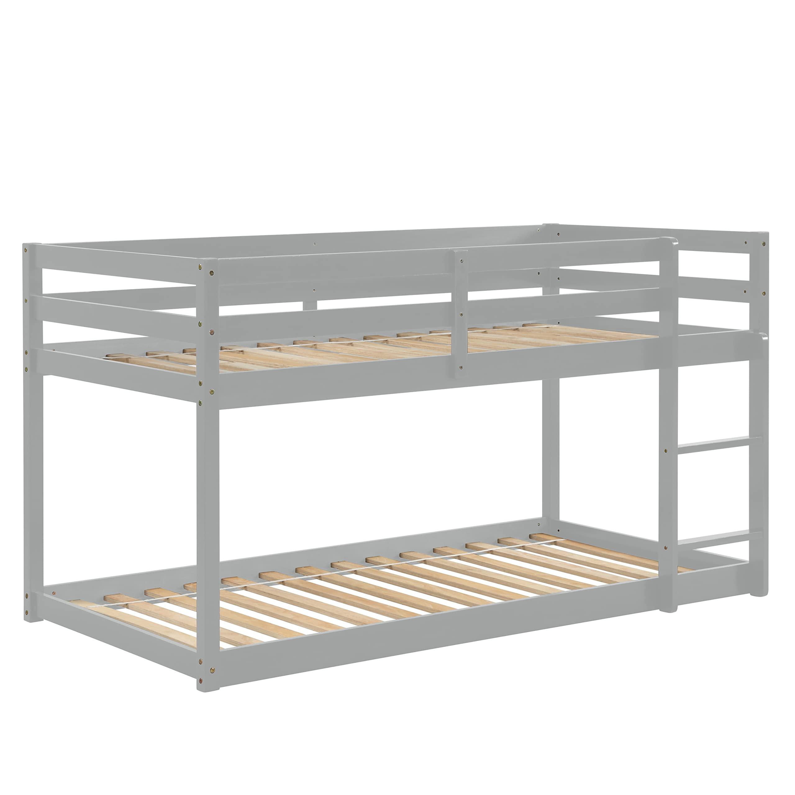 MWrouqfur MWrouqfur Low Bunk Beds Twin Over Twin Floor Bunk Bed Frame Loft Bed for Boys Girls Teens,Space Saving,No Box Spring Needed (Gray)