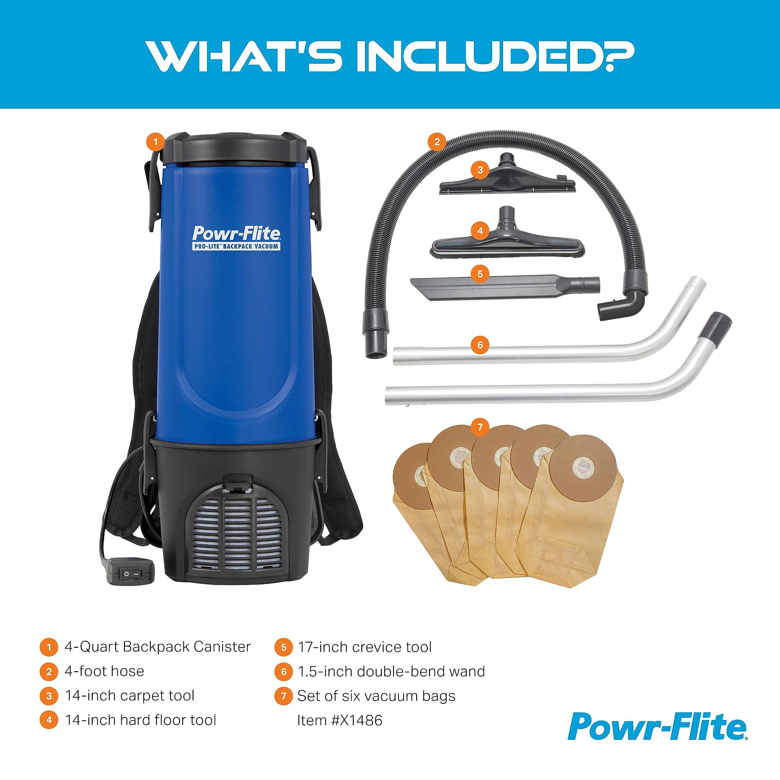 Powr-Flite Powr-Flite Pro-Lite Backpack Vacuum Commercial Grade 4-Quart Canister Vacuum Cleaner, Portable Vacuum with Tool Kit, BP4S