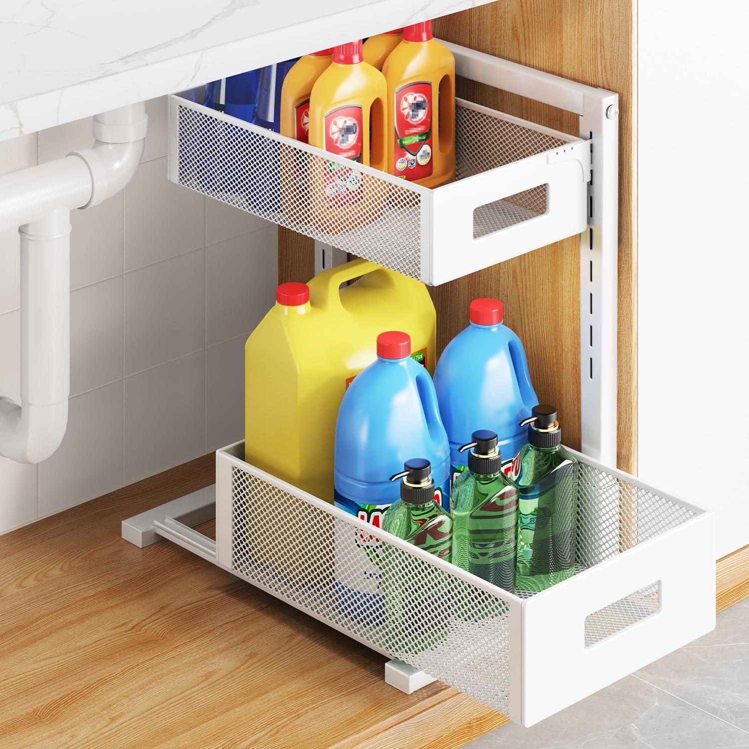 TISTAYA TISTAYA Pull-out Under Kitchen Sink Organizer, Metal Functional Under Sink Organizer, Height Adjustable Under Bathroom Sink Organizer, Under Sink Storage for Kitchen Bathroom Cabinet (White)