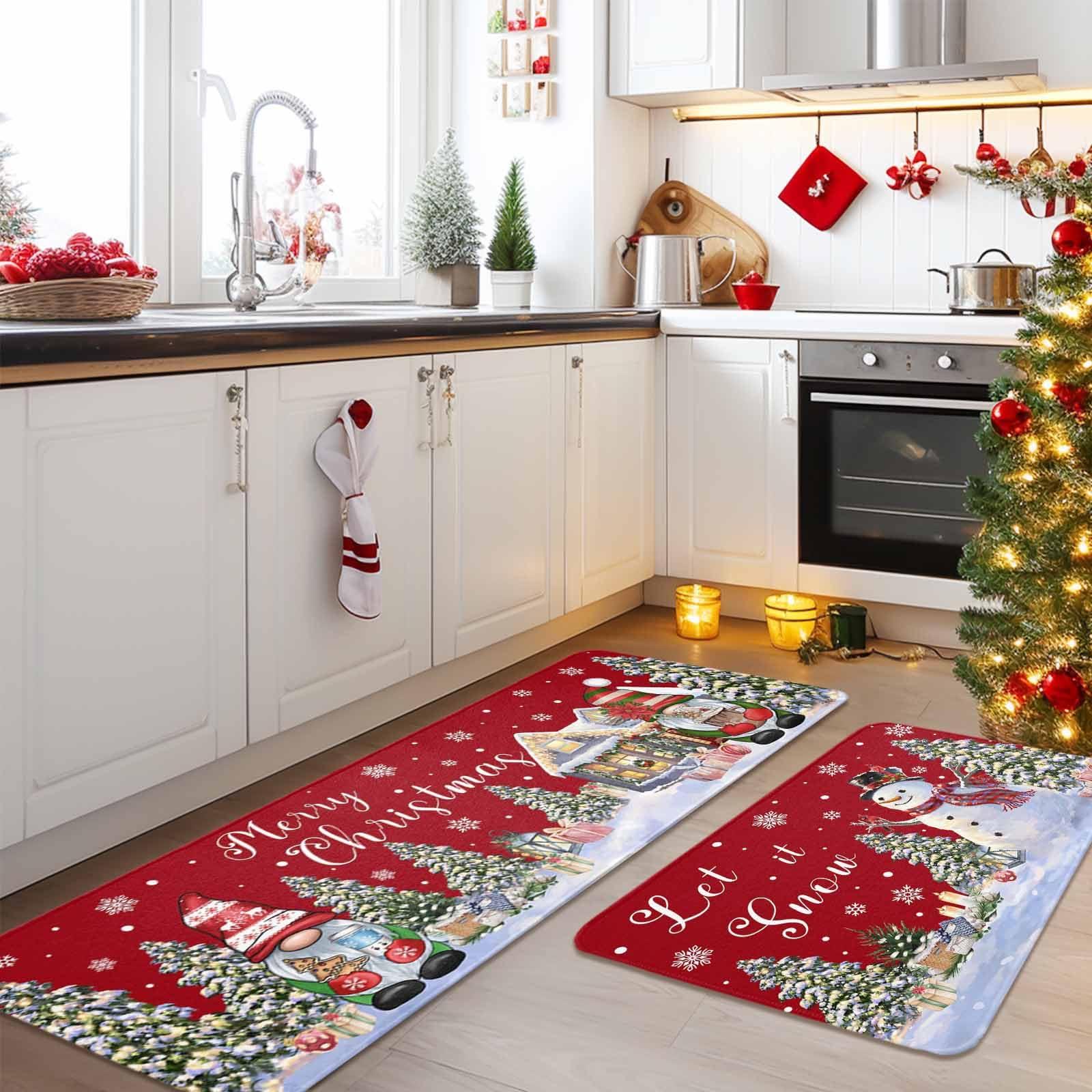 LooPoP Christmas Kitchen Rugs Set of 2 Snowman Kitchen Mats Gnome Red Xmas Tree Doormats Non Skid Area Runner Rugs Carpet Absorbent Floor Mat for Kitchen Home Winter Holiday Christmas Decorations Gifts