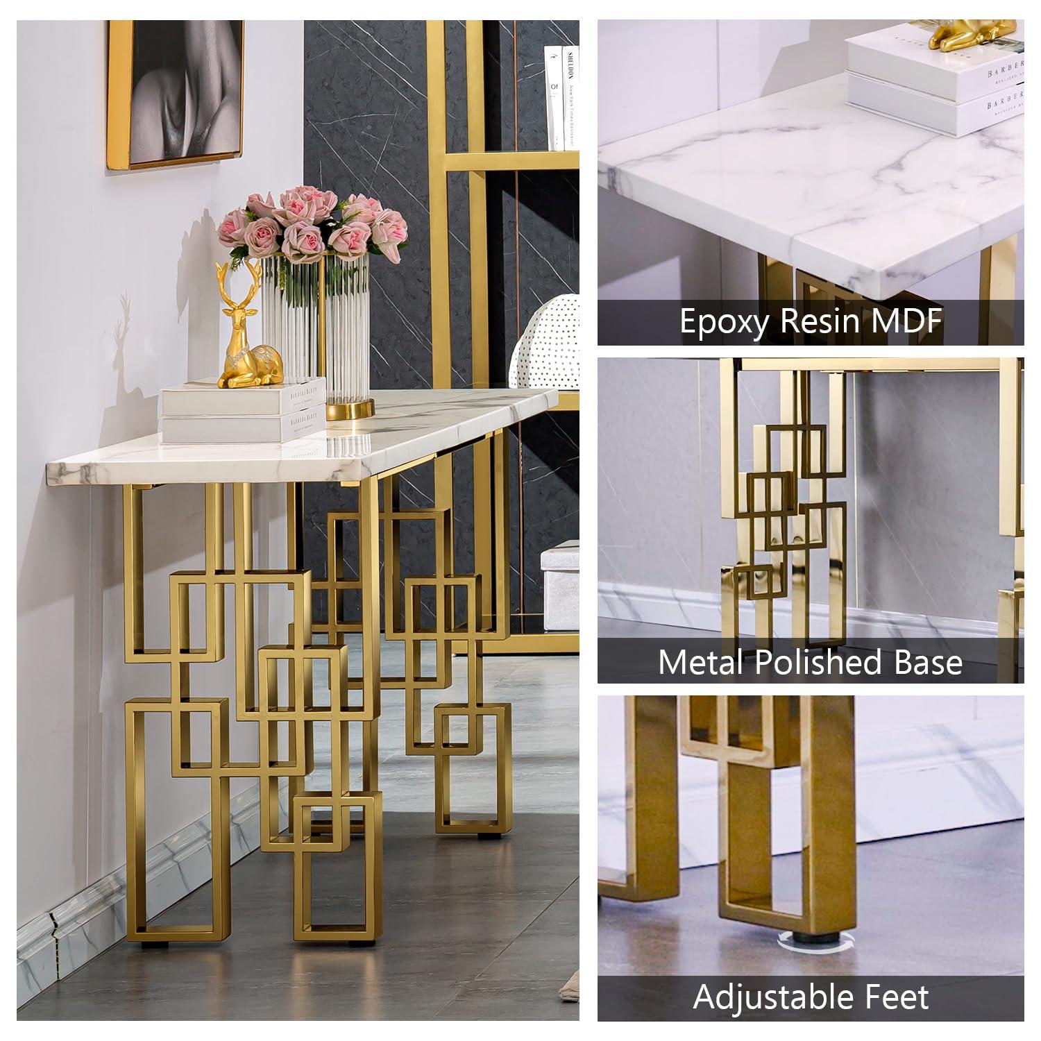AUZ AUZ 2 Pieces Gold Living Room Table Sets, White and Gold Rectangle Living Room Coffee Tables with Geometric Base, White Coffee Table Set of 2