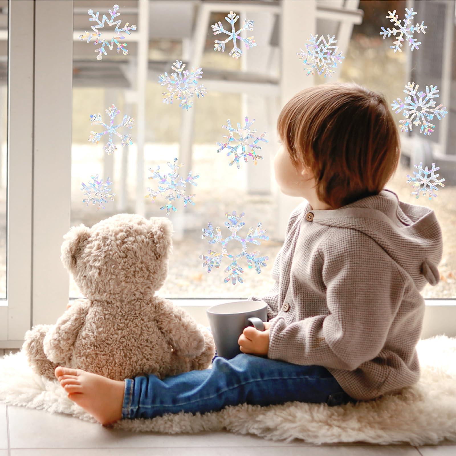 Barri Design Christmas Snowflake Window Clings for Glass Windows Static Cling Snow Window Decals Anti-Collision Winter Window Stickers for Bird Strikes Vinyl Stickers Suncatcher Rainbow Stickers