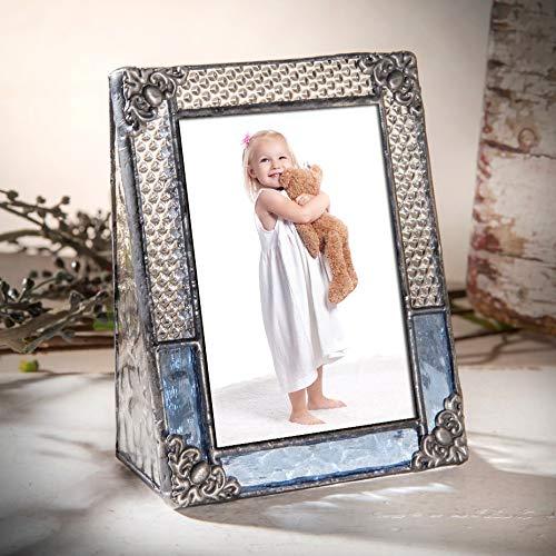 J Devlin Glass Art Blue Picture Frame Vintage Stained Glass 2 1/2 x 3 1/2 School Photo J Devlin Pic 381-2535