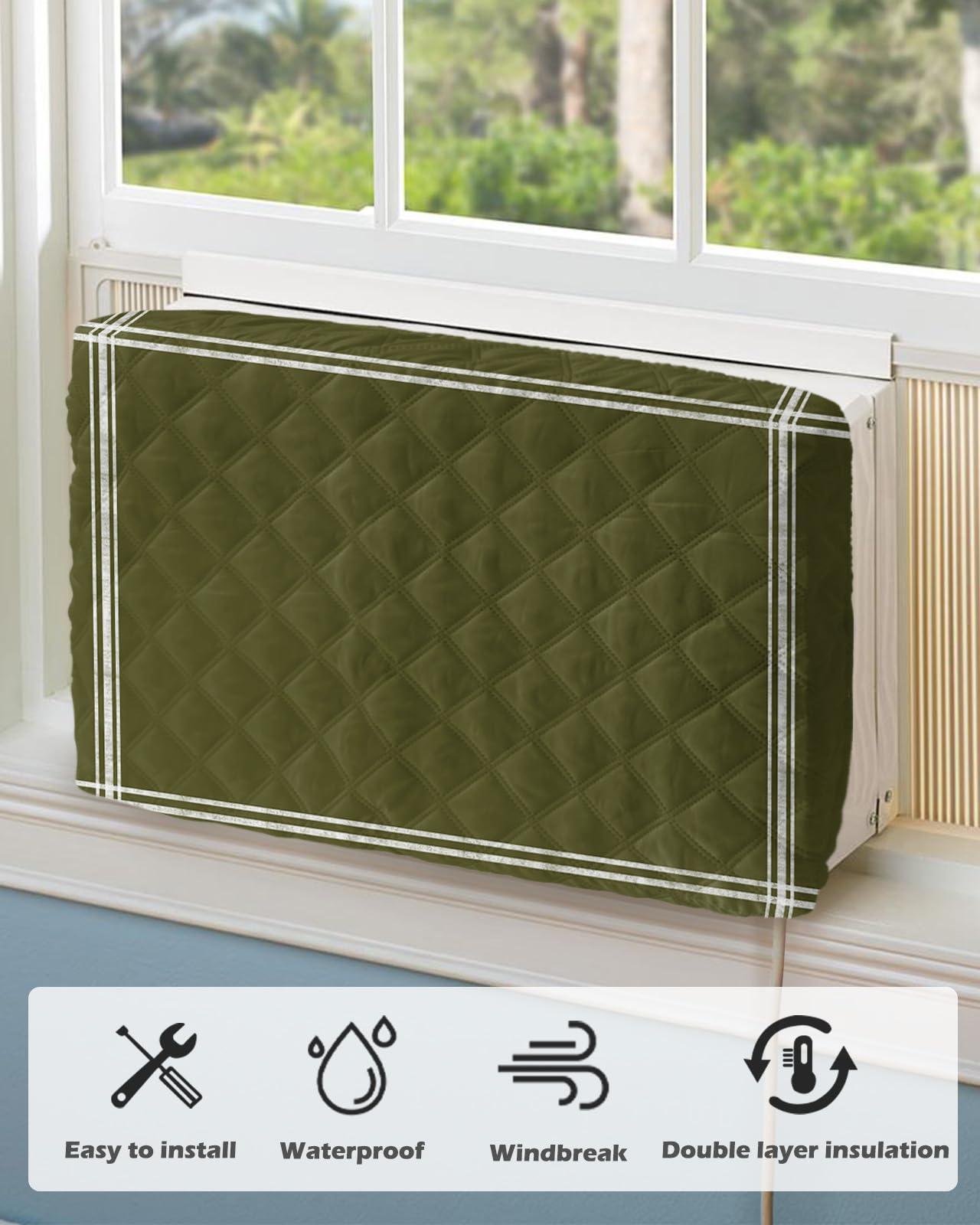 QueenKer QueenKer Indoor Air Conditioner Cover, Solid Color Dark Olive Green Waterproof Indoor AC Cover Inside Window AC Cover with Free Elastic Straps for Window Units, 21 X 15 X 3.5 Inch