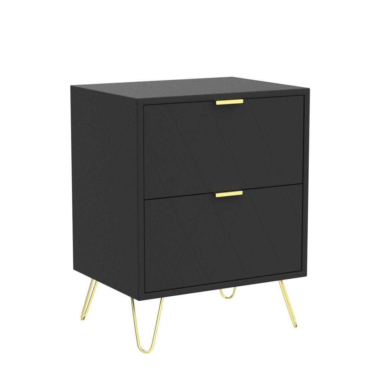 Anbuy Anbuy Black Nightstand Set of 2 with Gold Handle, Bedside Table with 2 Drawers, Night Stands Set of 2 Gold Legs for Bedroom Living Room