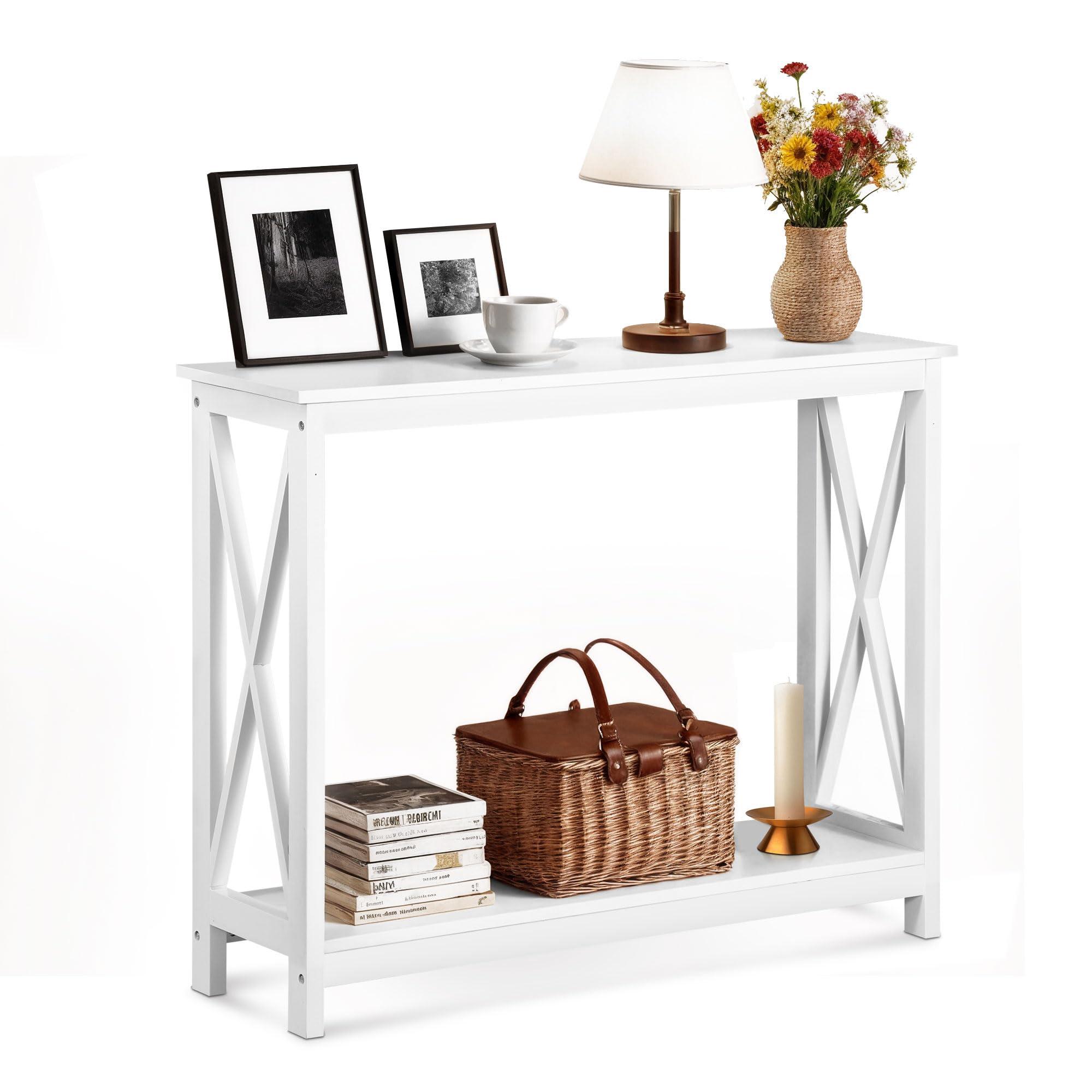 SUPER DEAL SUPER DEAL 2-Tier Narrow Console Sofa Side Table for Entryway/Hallway/Living Room, 39.3in L x 11.8in W x 31.6in H, White
