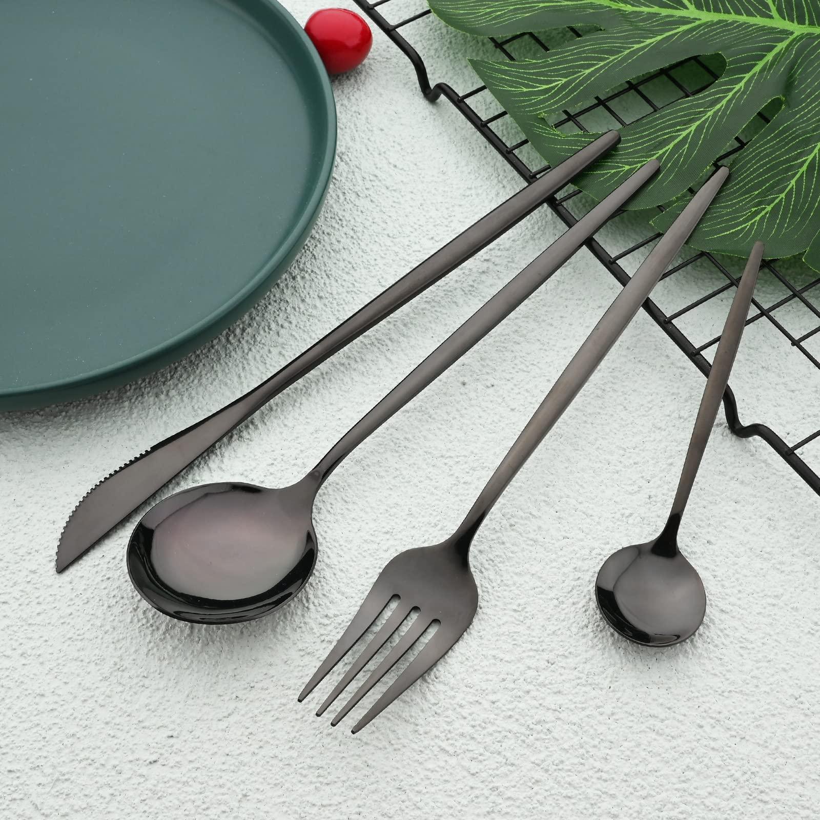 BRIIEC 24pcs Black Dinnerware Flatware Set BRIIEC Stainless Steel Cutlery Set Fork Knife Spoon Tableware Set Silverware Set Service for 6 Mirror Polished, Dishwasher Safe