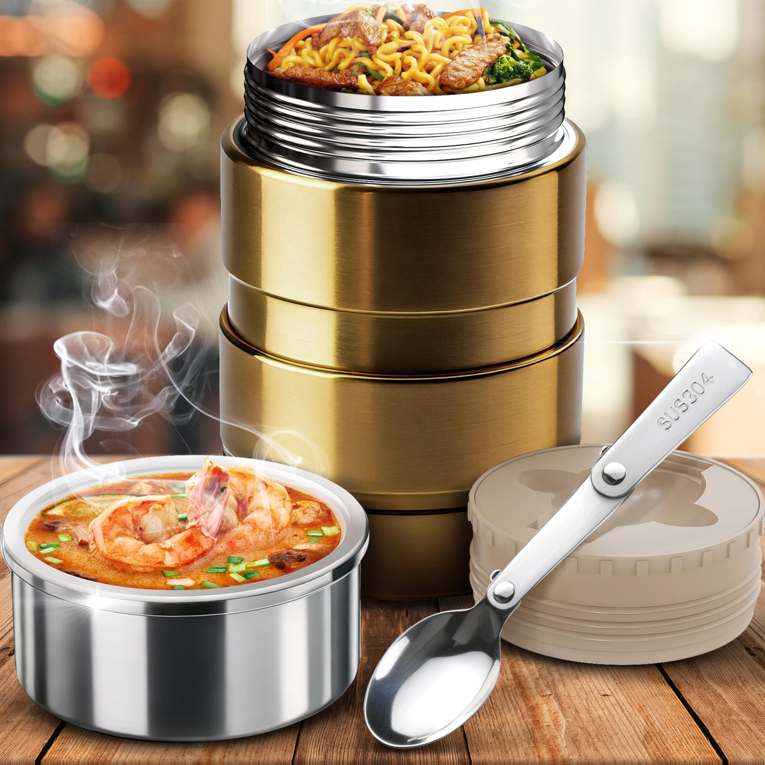 Earth&ME Earth&ME Stainless Steel Thermo For Hot Food 17OZ with Folding Spoon, Vacuum Insulated Food Container, Soup Thermo with Wide Mouth, Insulated Food Jar for Hot & Cold Food, Gold