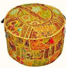 Sophia-Art Indian Embroidered Patchwork Ottoman Cover,Traditional Indian Decorative Pouf Ottoman,Indian Comfortable Floor Cotton Cushion Ottoman Pouf,Indian Designs Ethnic Patchwork Pouf 18X13 inch (Yellow