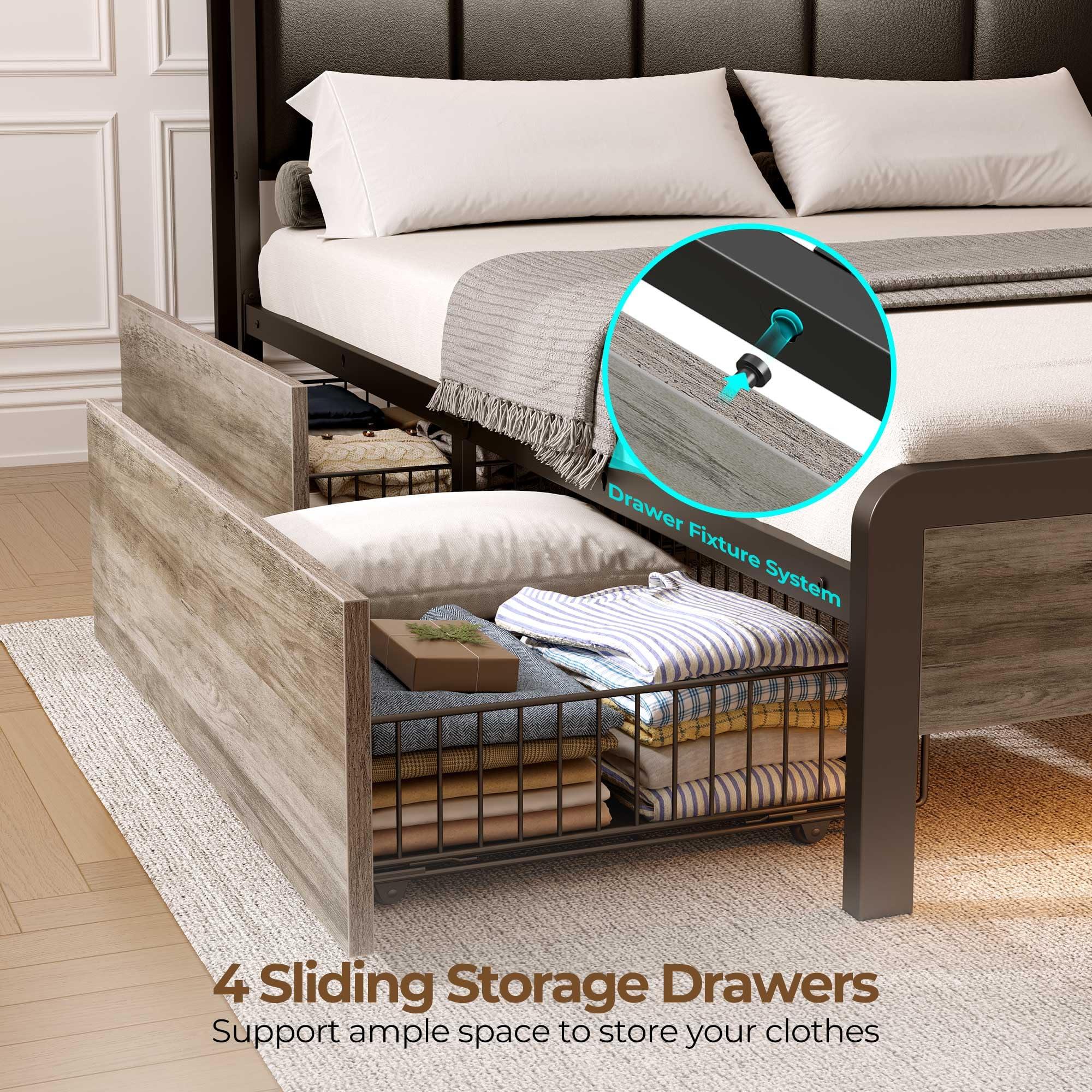 Rolanstar Rolanstar Bed Frame Full Size with Charging Station and LED Lights, Upholstered Storage Headboard with Drawers, Heavy Duty Metal Slats, No Box Spring Needed, Easy Assembly, Vintage Grey and Black