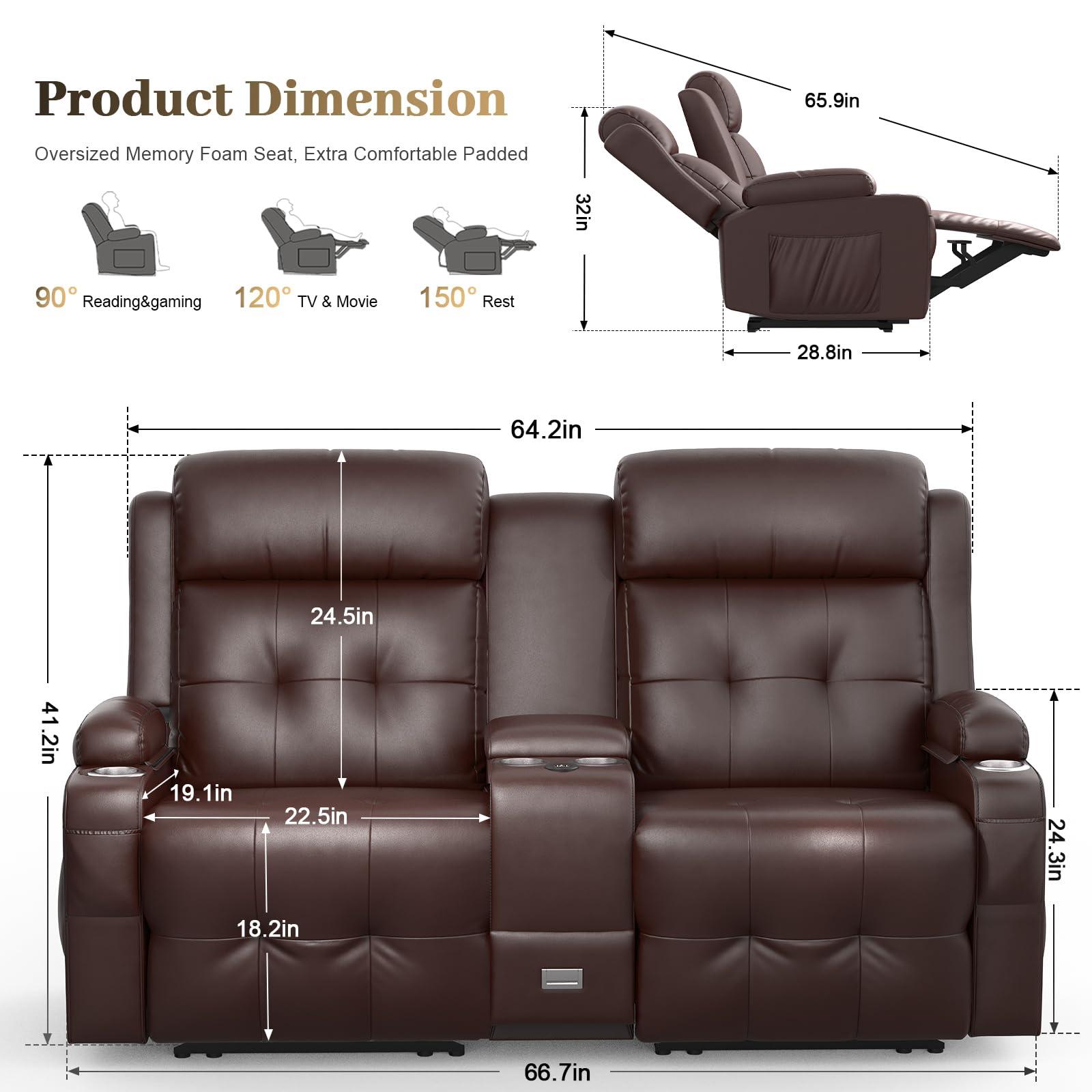 Aotolo Reclining Loveseat, Massage Loveseat Recliner Sofa Heavy Weight Capacity, RV Love Seat Chair Clearance with Console, USB, Type C Port, Storage, Cup Holders, Wall Hugger Couch for Living Room
