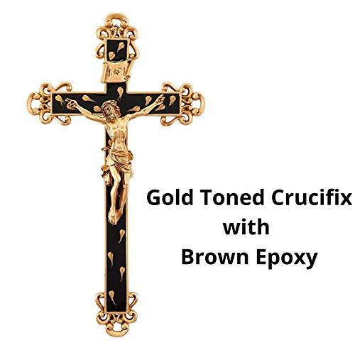 Pewter Wall Crucifix Golden Brown Epoxy Wall Cross Crucifix with Gold Toned Floral Details, Religious Home Decor, 10 Inch