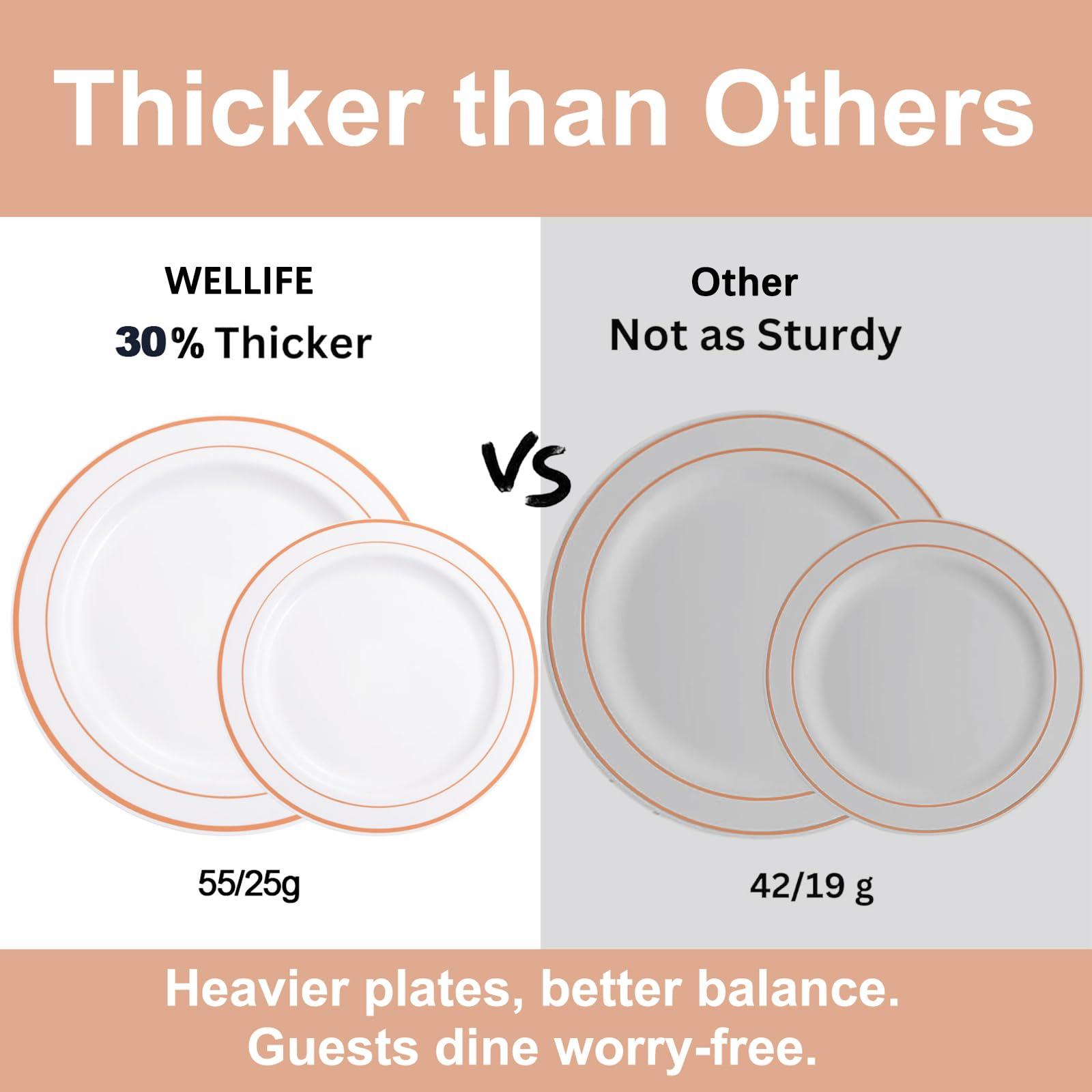 WELLIFE WELLIFE 350 Pieces Valentines Rose Gold Plastic Dinnerware, 50 Guests Disposable Plates with Rose Gold silverware and Cups, 50 Pre Rolled Napkins with Rose Gold Cutlery, Perfect for Wedding and Party