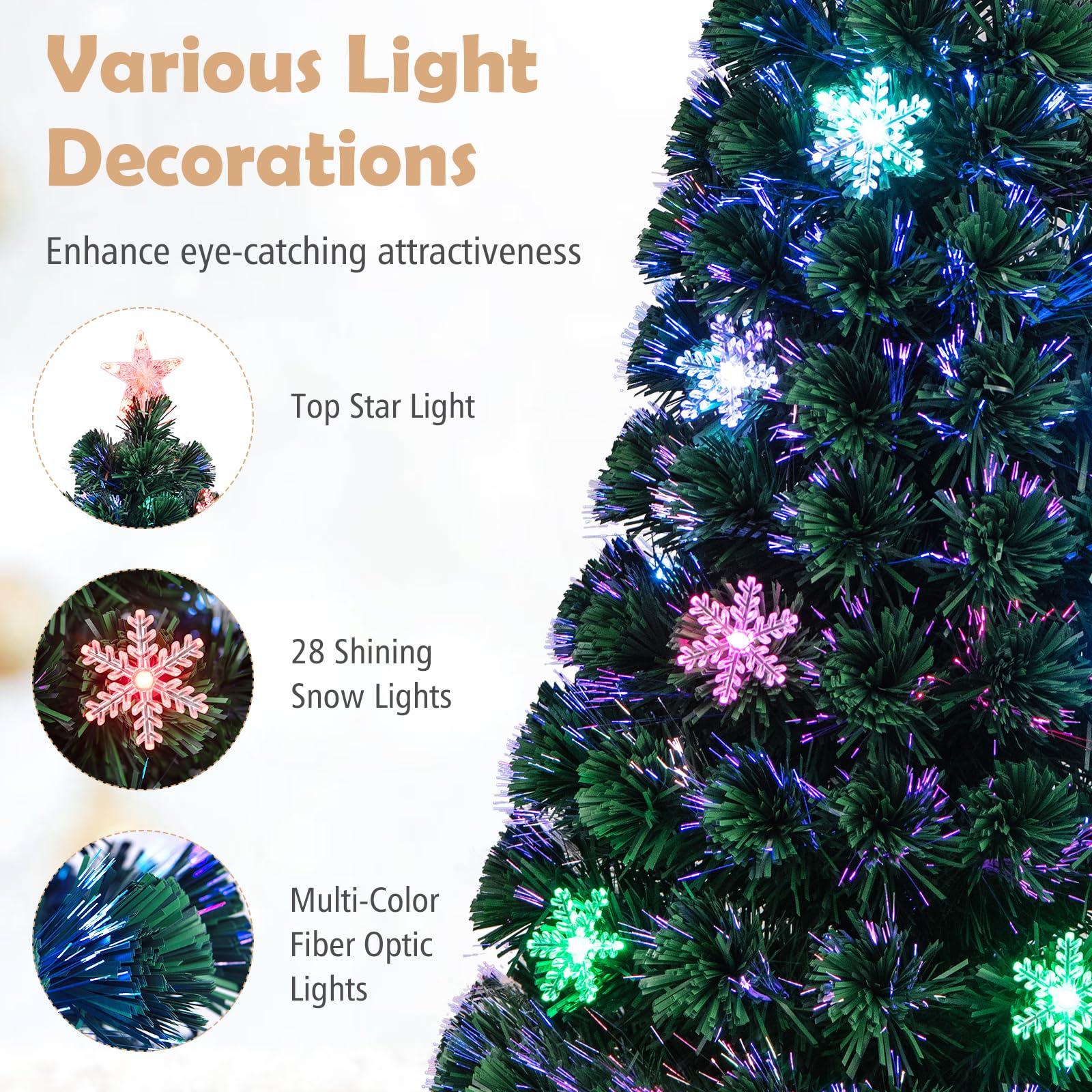 Goplus Goplus 6ft Pre-Lit Fiber Optic Christmas Tree, Artificial Xmas Full Tree with Colorful Snowflake LED Lights, 220 Branch Tips, Foldable Metal Base, for Office Home Holiday Decor