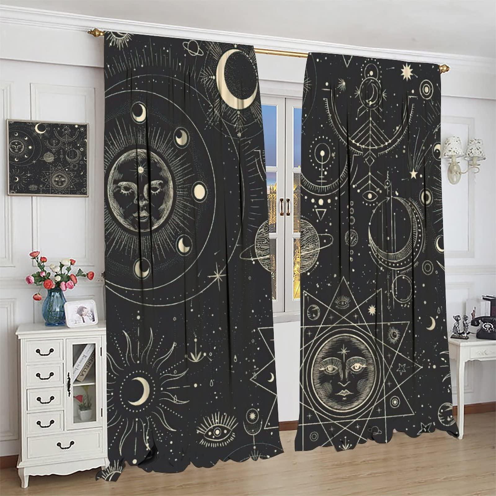 gaoyaqing Sun and Moon Star Curtains, Bohemian Chic Art Gold Sun Moon and Stars in Black Sky Antique Style 2 Panel Bedroom Blackout Curtains Decorate The Room 84x84in