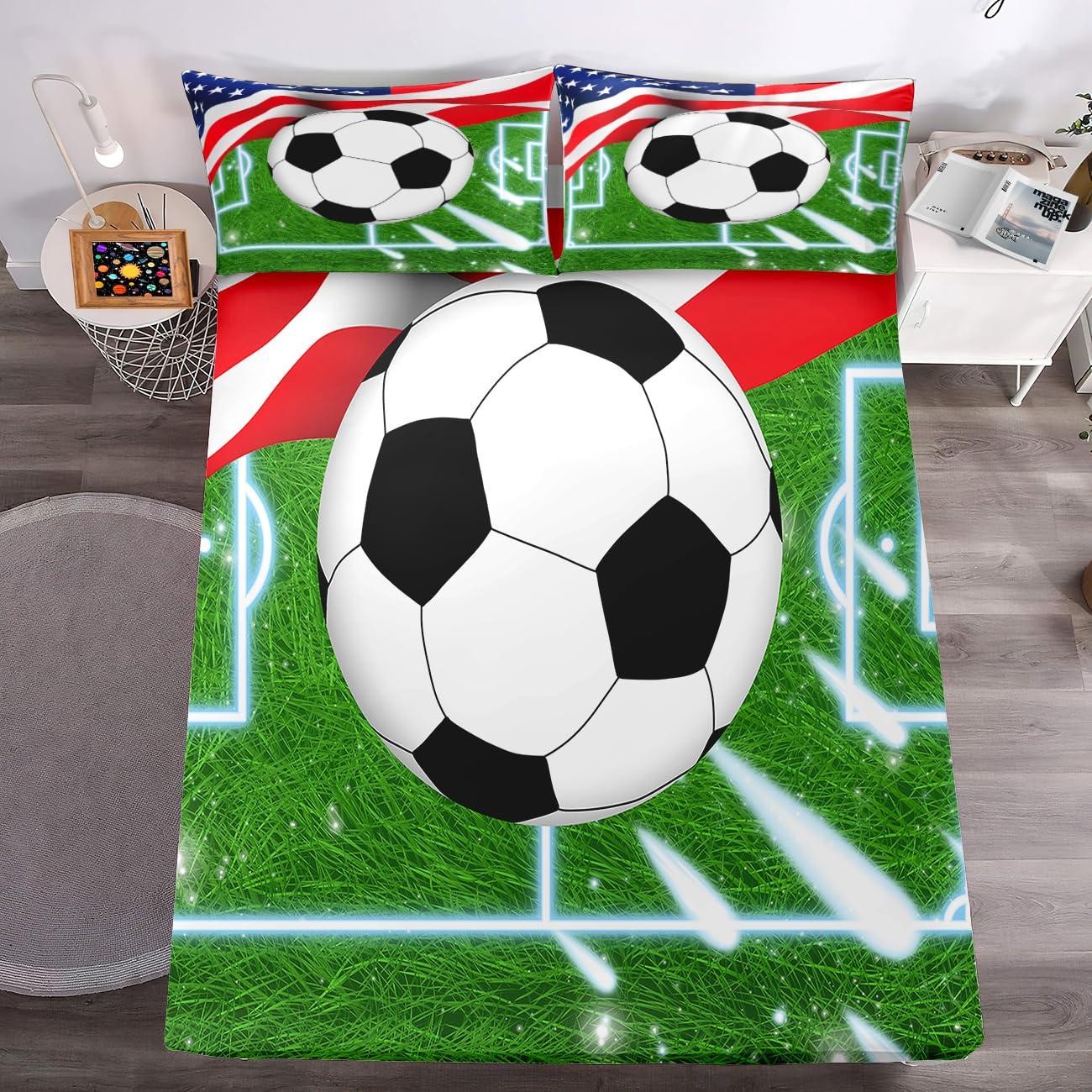 WJLBKGU WJLBKGU Soccer Sheets 4PCS Queen Size Bed Sheets, Sports Bedding Sets for Boys Kids Football Bedding Soccer Sheets, Kids Sheets Queen Bed Sheets Set, 1 Flat Sheet + 1 Fitted Sheet + 1 Pillowcases