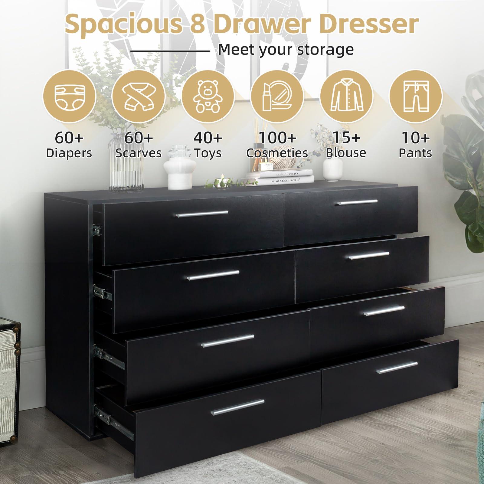 UZUGUL UZUGUL Black Dresser for Bedroom,Modern Large 8 Drawer Dresser,Wood Dresser,Storage Chest of Drawer,Dresser Bedroom Furniture,TV Dresser for Living Room
