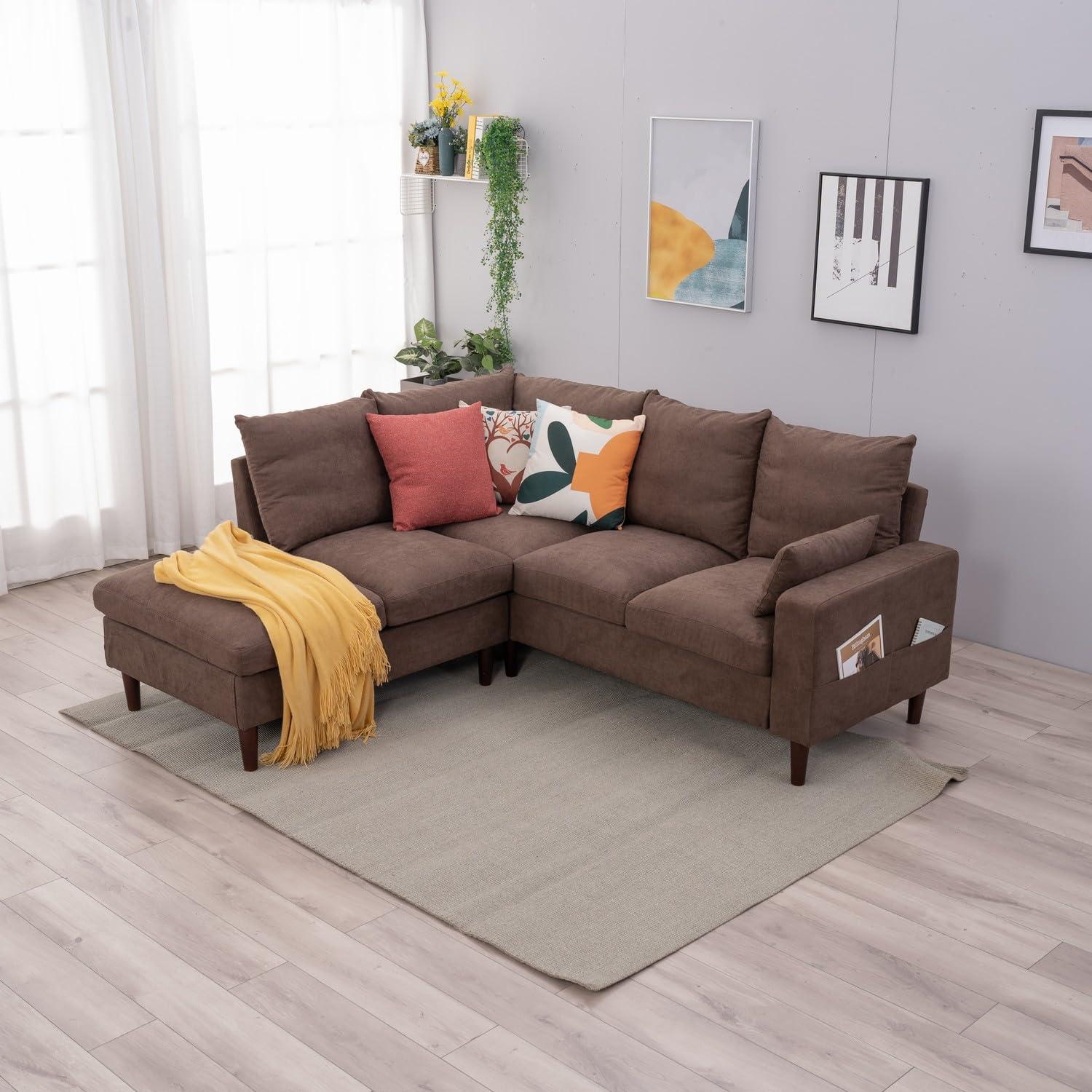 Panana Living Room Furniture Sectional L-Shaped Sofa with Built-in USB Port,Universal Corner Couch Extra Wide Chaise (Brown Linen Fabric, 5 Seater with Built-in USB Port - Track Arm)