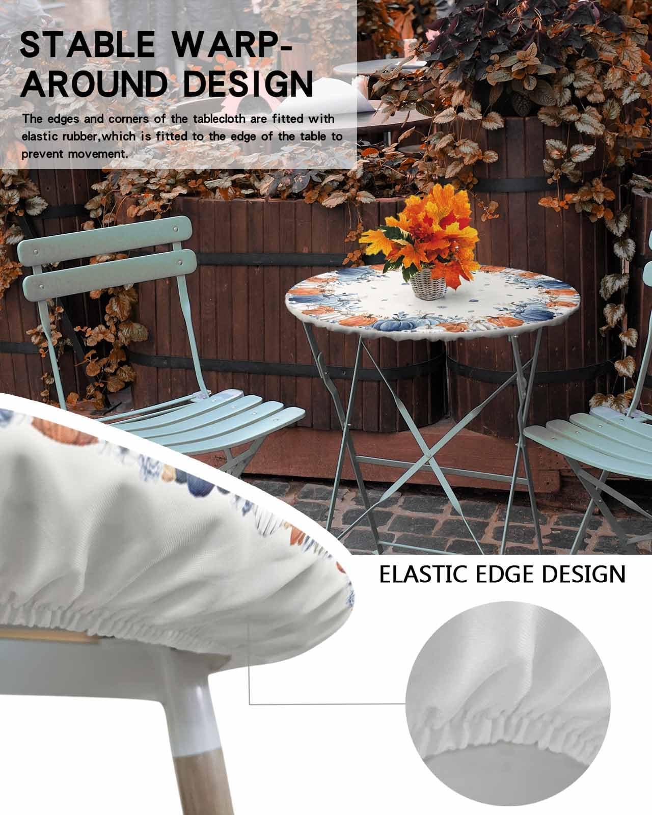 Chucoco Thanksgiving Round Table Cover with Elastic Edge,Fall Pumpkin Fitted Tablecloth for Round Tables,Autumn Farm Harvest Oil Proof Waterproof Table Cloth for Kitchen Party Holiday Outdoor Picnic 55-60in