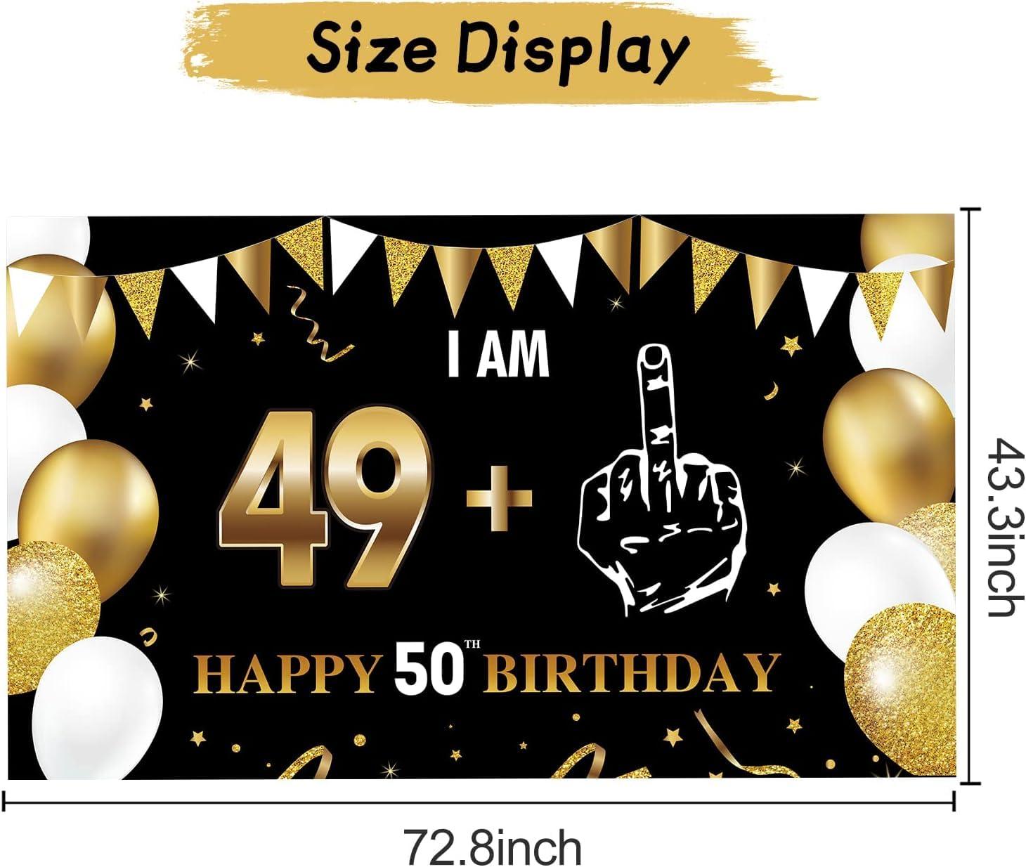 Turypaty Turypaty Black Gold 50th Birthday I Am 49+1 Banner Backdrop Tablecloth Decorations for Men Women, Cheers to 50 Years Table Cover Party Supplies