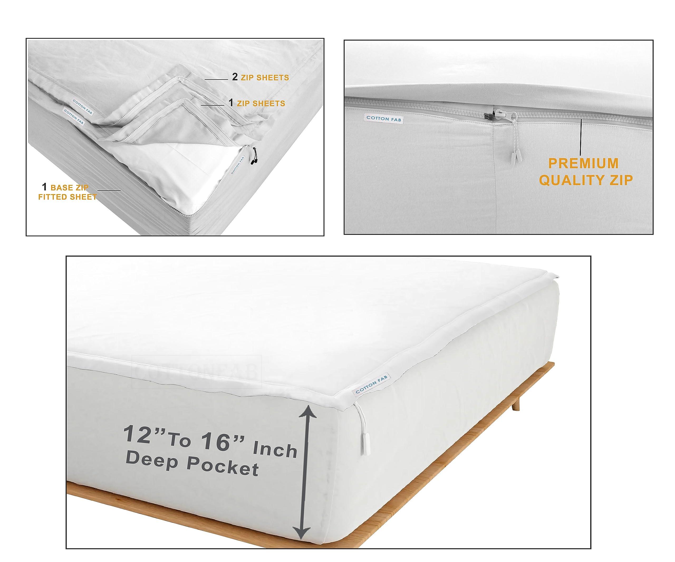 COTTONFAB CottonFab Zipper Fitted Sheets - Includes 1 Fitted Sheet Base & 2 Zip-On Sheets - Upto 16 in. Deep Pockets Full XL Size Zipper Sheets - Easy Use, Soft Sateen 600 TC Cotton Fitted Sheets - Lilec