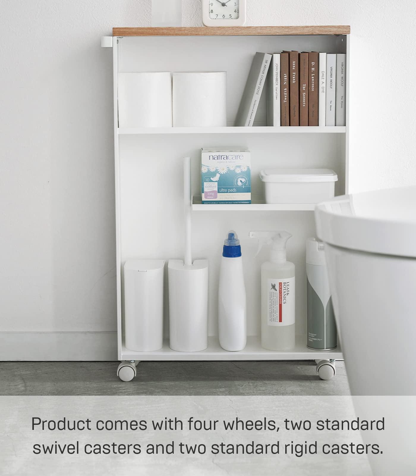 YAMAZAKI Yamazaki Home Rolling Slim Bathroom Utility Cart with Handle - Storage Shelf Narrow Organizer Rack Steel One Size White