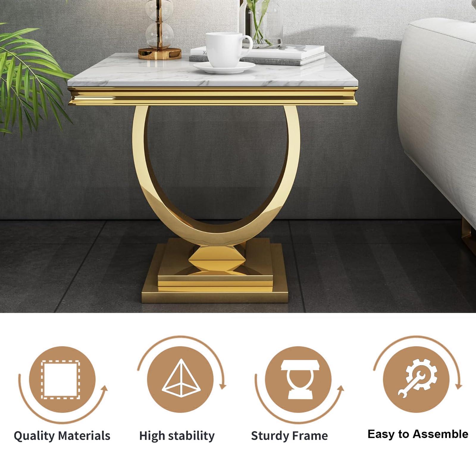 SSLine Marble Coffee Table Set of 2,2 Piece Coffee Table Sets for Living Room,Faux Marble Coffee Table and End Table with Wood Tabletop and Stainless Steel Frame (Gold2)