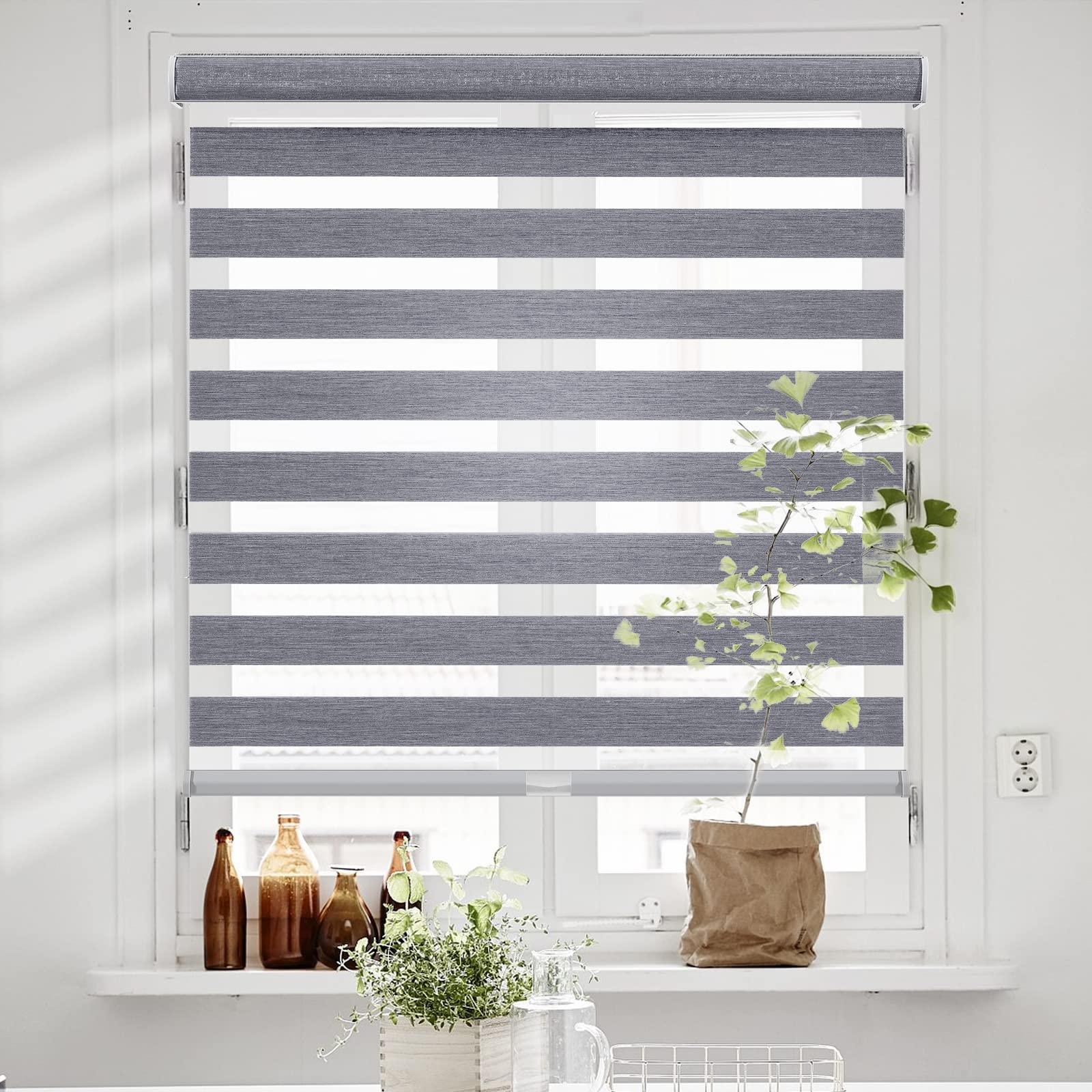 Persilux Persilux Cordless Zebra Blinds for Windows Shades with Jacquard Pattern Dual Layer Room Darkening Sheer Shades Day and Night Roller Shades for Home and Windows, Easy to Install (33.5"W x 72"H, Grey)