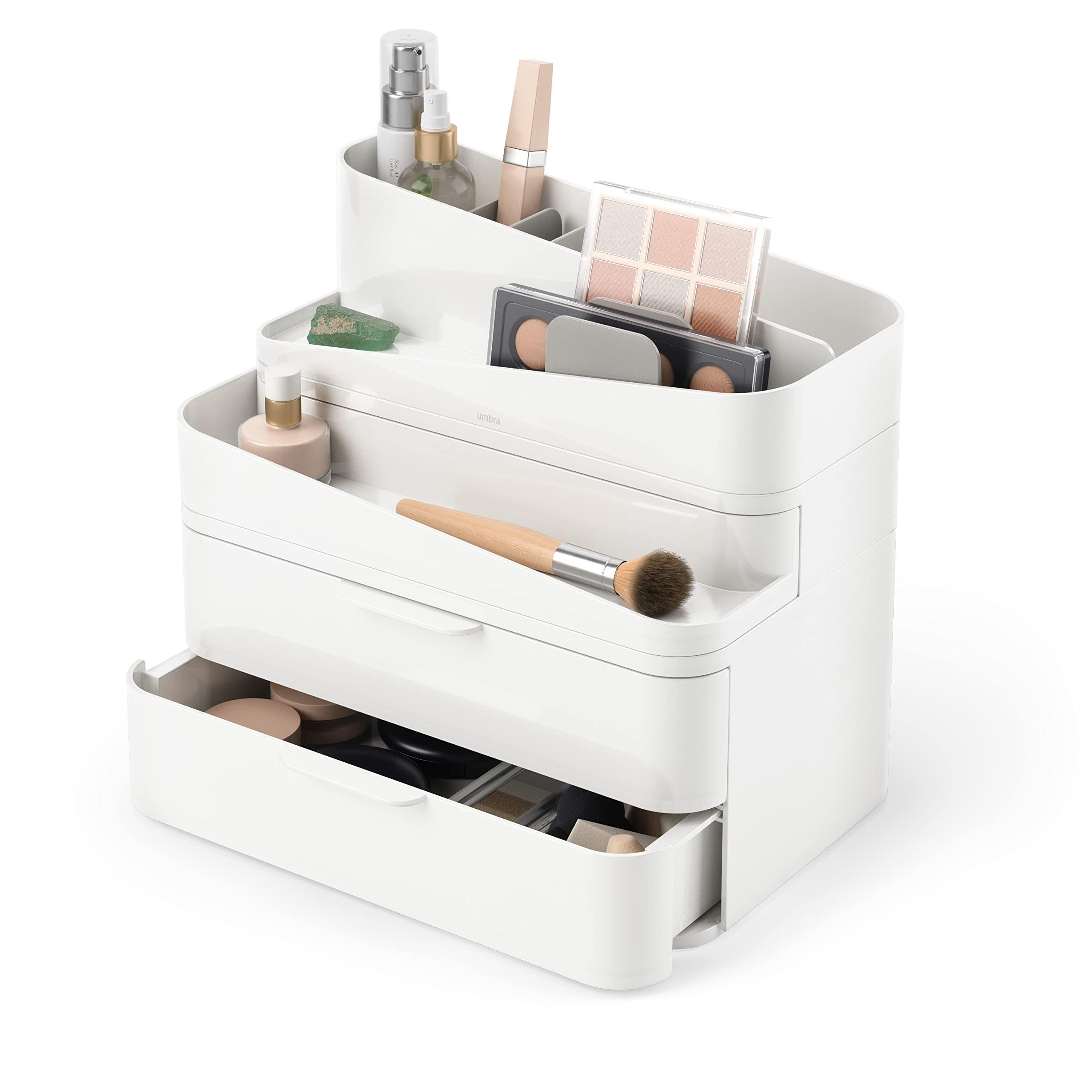 Umbra Umbra Glam Organizer, Large Cosmetic and Makeup Organizer with Three Drawers, Rubber Feet and Removable Dividers, White/Grey