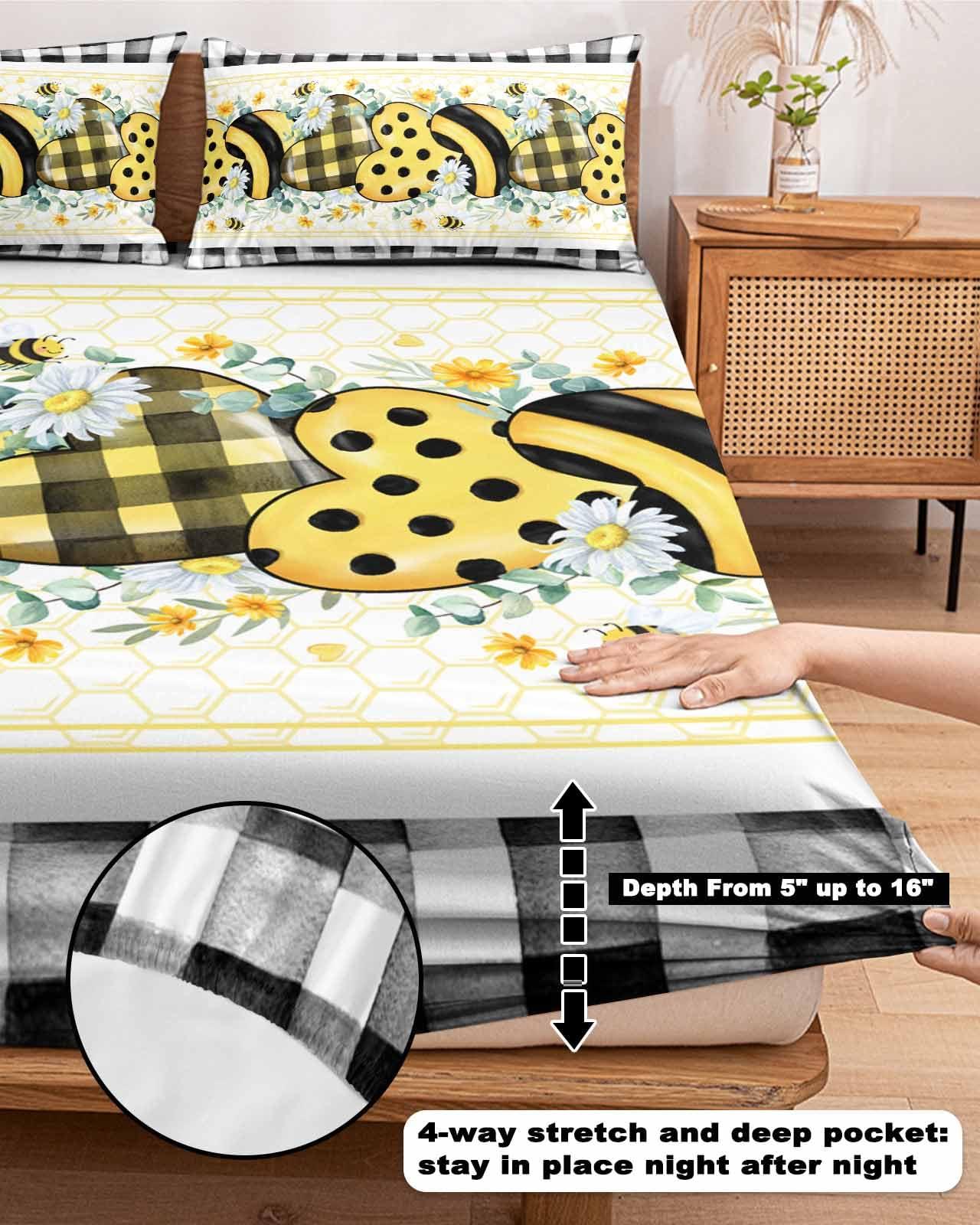 Alandar Home Cal King Fitted Bed Sheet Deep Pocket,Summer Daisy Bee Love Heart Eucalyptus Leaves Bedding Sheet Soft Brushed Microfiber Fitted Sheets,Black White Plaid Hotel Fitted Bottom Sheet with Pillowcase Set