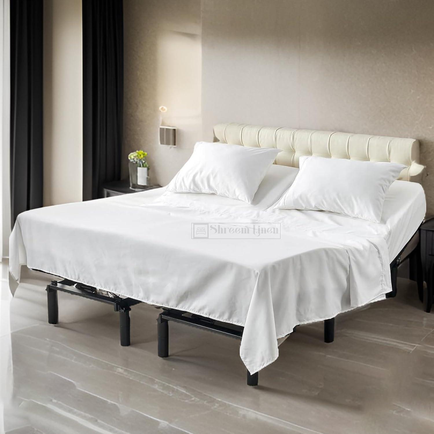 Shreem Linen Split Head Flex King Sheets for Adjustable Beds, Flex Top King Sheets for Sleep Number Bed 100% Egyptian Cotton - 4Pcs Sheet Set -36\" Top Split Sheets to fit Upto 16\" Deep Mattress (White Solid)