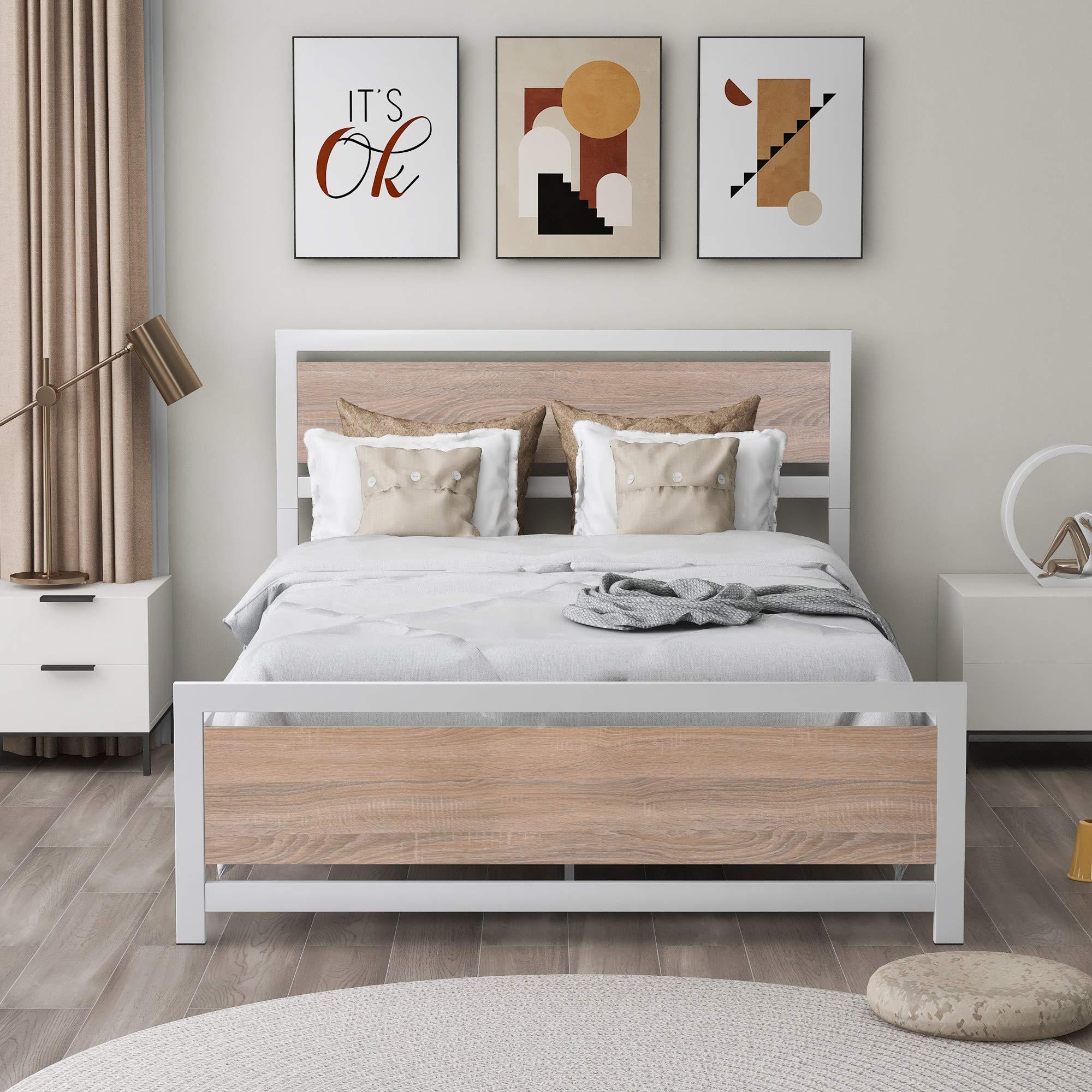 Merax Full Size Platform Bed, Metal Full Bed Frame with Wood Headboard and Footboard, No Box Spring Needed, White