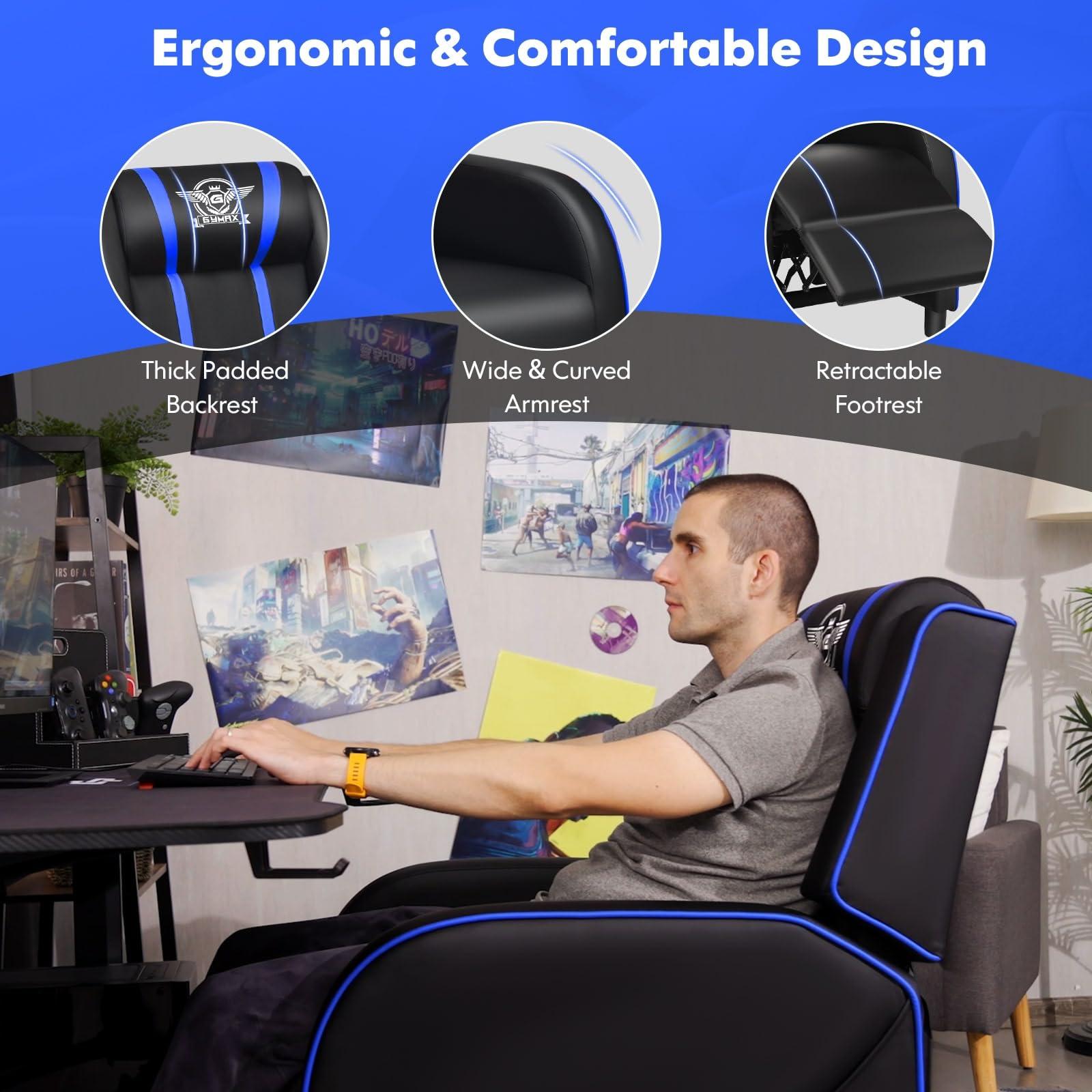 GYMAX GYMAX Gaming Recliner, Massage Gaming Chair w/Adjustable Footrest, Remote Control & Side Pocket, Ergonomic Game Lounge Chair, Racing Style Single Theater Seat Game Sofa for Adults (Blue)