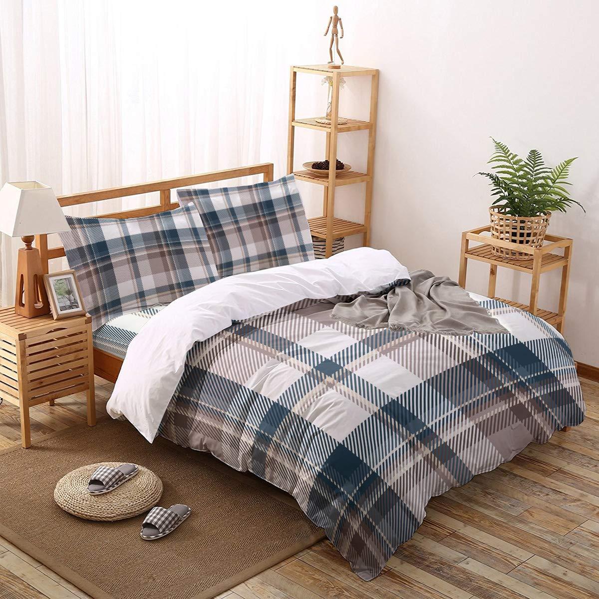 Debedcor Queen Comforter Covers Sets Simple Blue Brown Checkered 4 Piece Duvet Cover Set Lightweight Microfiber Soft Bedding Set for Adult Teen, Simple Line Intersect
