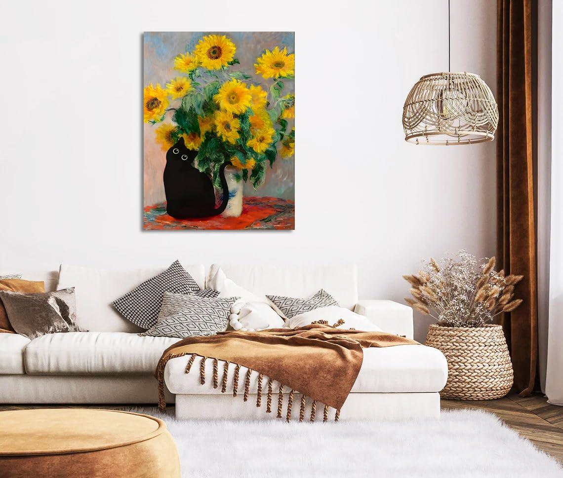 FOSULA Monet Cat Wall Art - Claude Monet Cat Wall Art Prints - Cat Monet Art - Monet Sunflowers Cat Canvas Print - Claude Monet Cat Poster - Monet Sunflowers Cat Wall Decor - Framed Ready to Hang