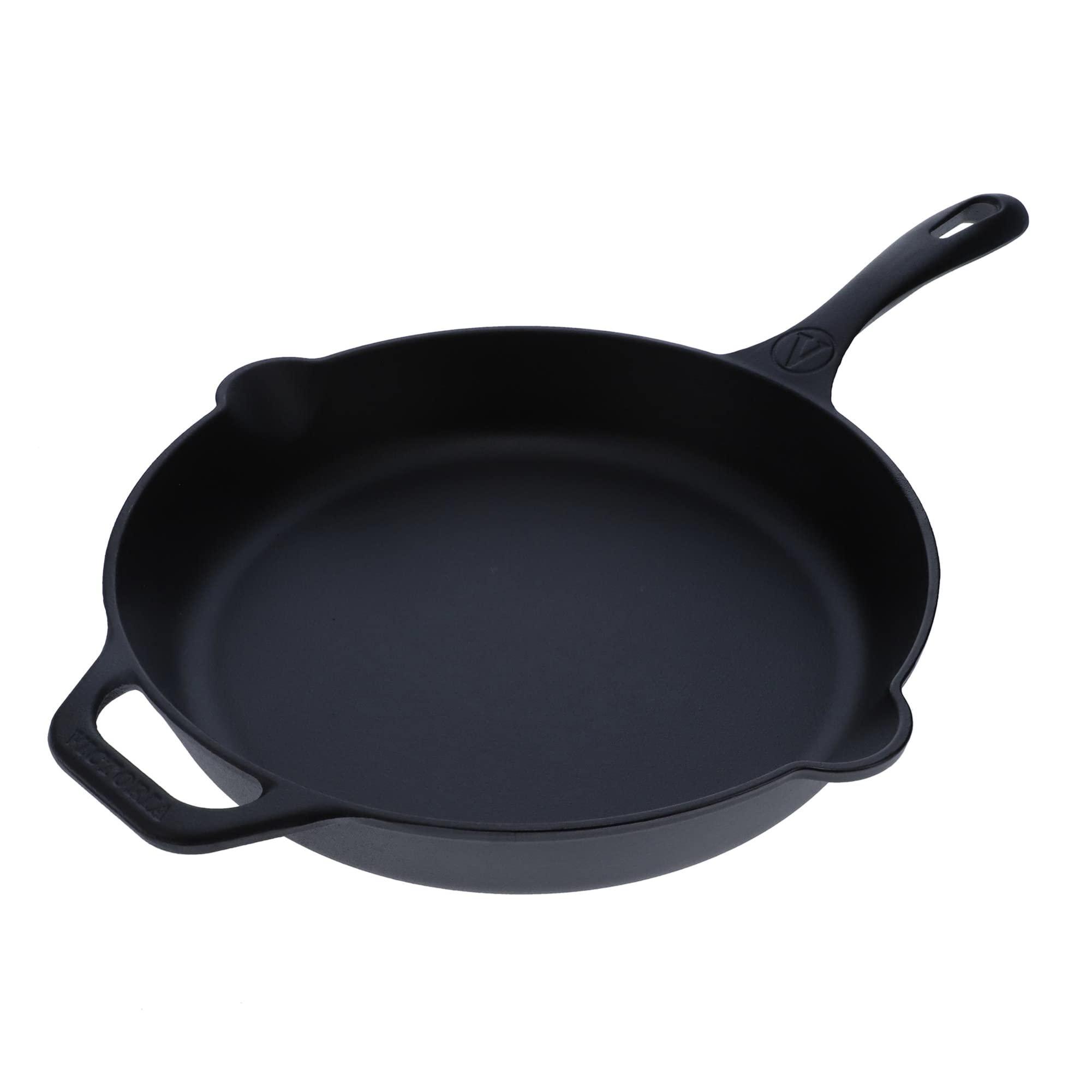 Victoria Victoria Cast Iron Skillet Large Frying Pan with Helper Handle Seasoned with 100% Kosher Certified Non-GMO Flaxseed Oil, 12 Inch, Black