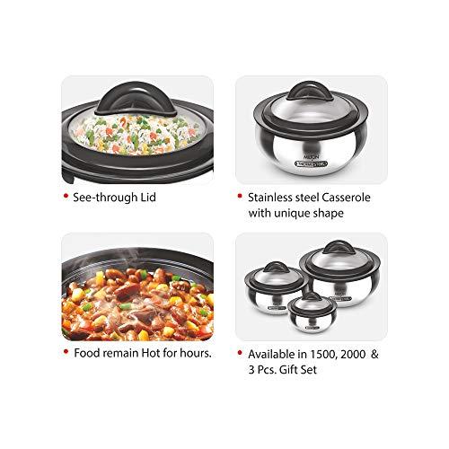 MILTON Milton Casserole with Glass Lid Set of 3 for Hot Food, Insulated Hot Pot, Stainless Steel, Serving Box (bowl, dish) for Food and Roti, Sizes 19 oz, 41 oz and 66 oz, Clarion