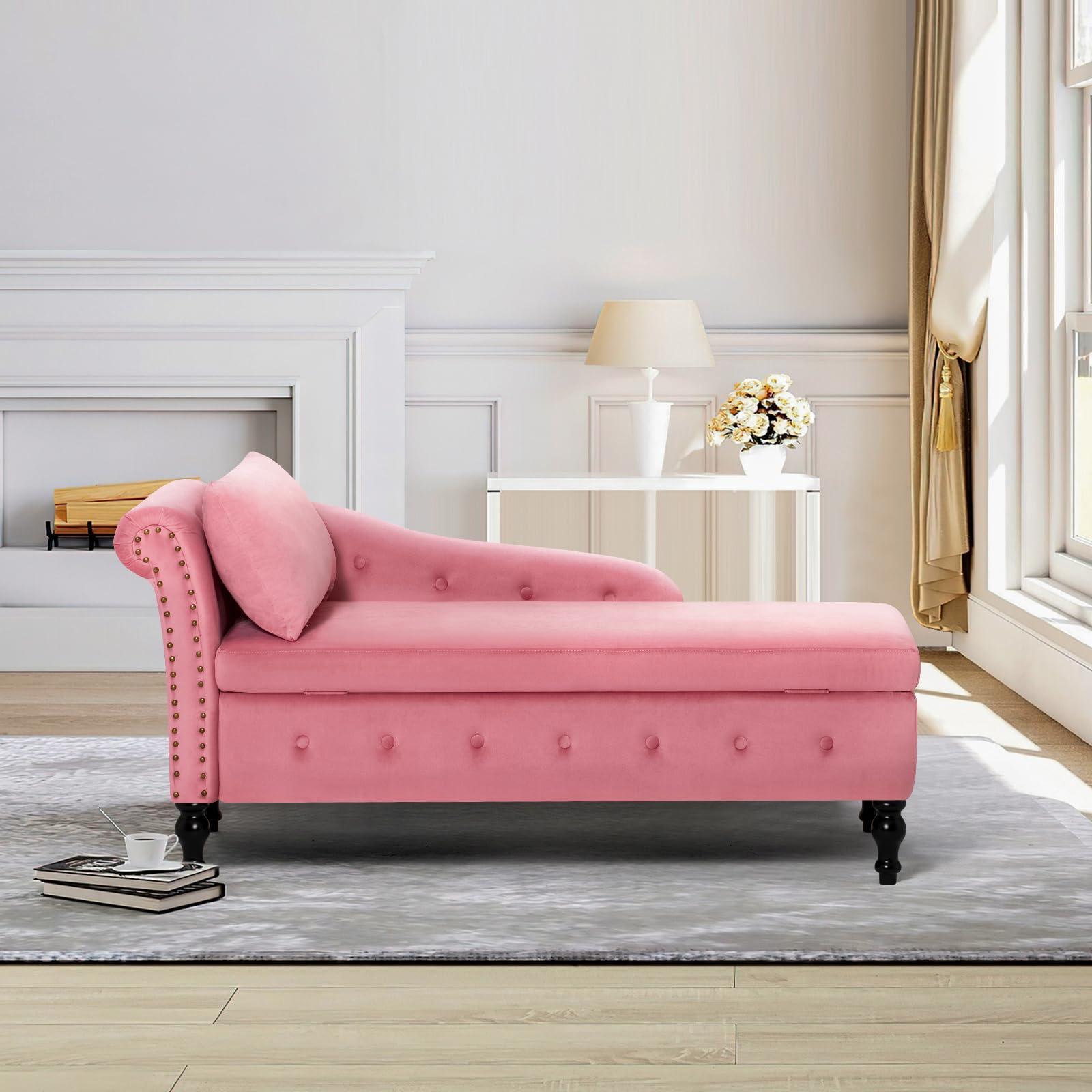 ACMEASE ACMEASE Upholstered Velvet Chaise Lounge with Left Armrest & Storage Space,Button Tufted Lounge Chair w/Lumbar Pillow,Modern Lounge Chair for Bedroom, Living Room and Office,Pink