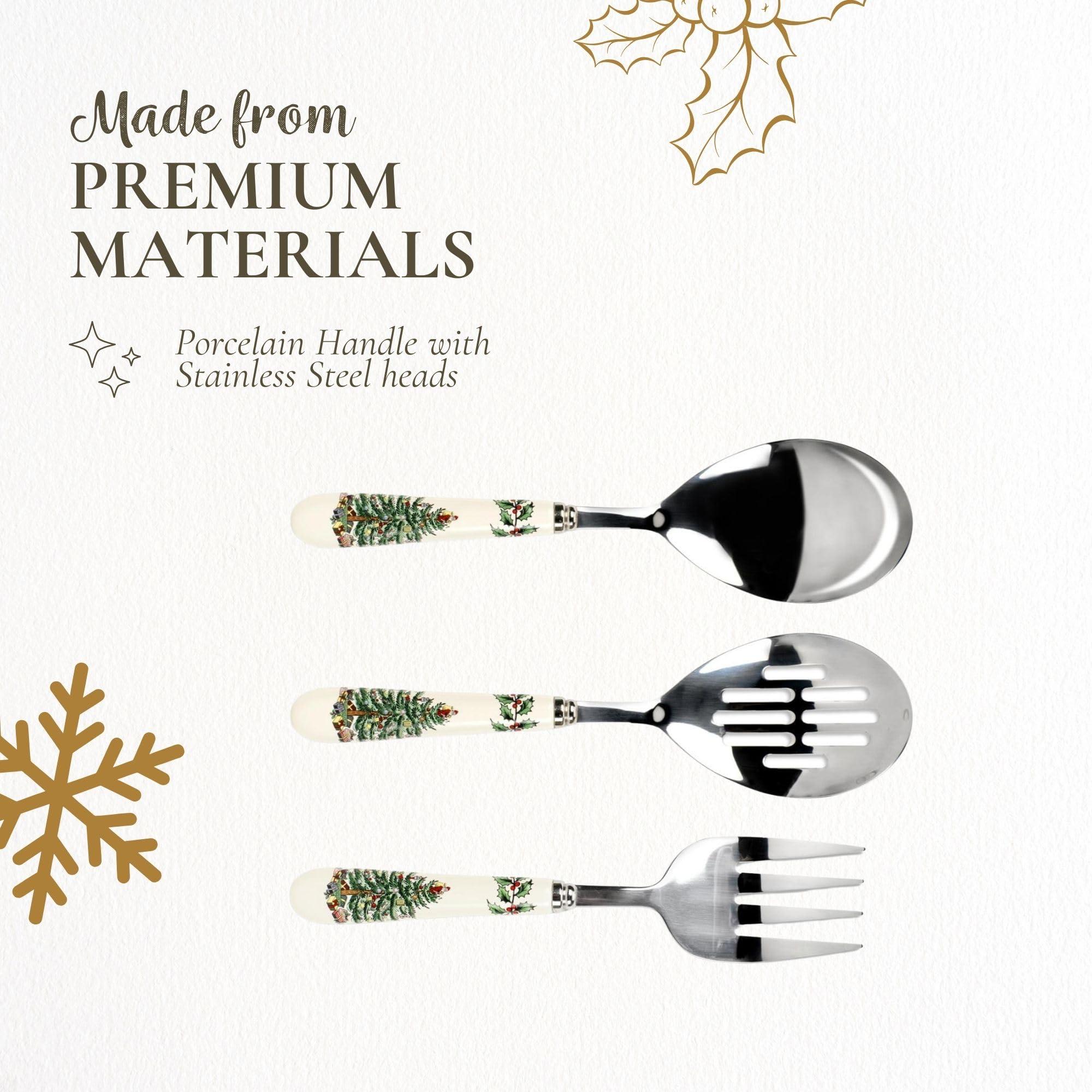 Spode Spode Christmas Tree 3-Piece Stainless Steel Cutlery Set - Porcelain Handle Flatware with Meat Fork, Serving Spoon, and Slotted Spoo - Holiday Silverware for Christmas Dinners & Seasonal Gatherings