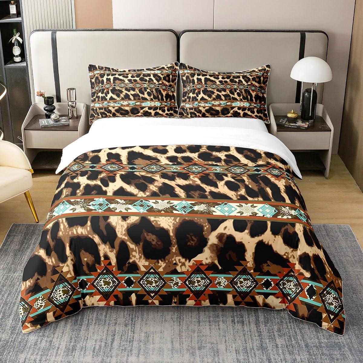 Erosebridal Pure Cotton Western Bedding Sets Queen Cheetah Print Comforter Cover,Leopard Skin Fur Hair Spot Duvet Cover Ethnic Tribe Arrow Aztec Indian Tribal Geometry Bed Set,Retro Exotic Southwestern Decor