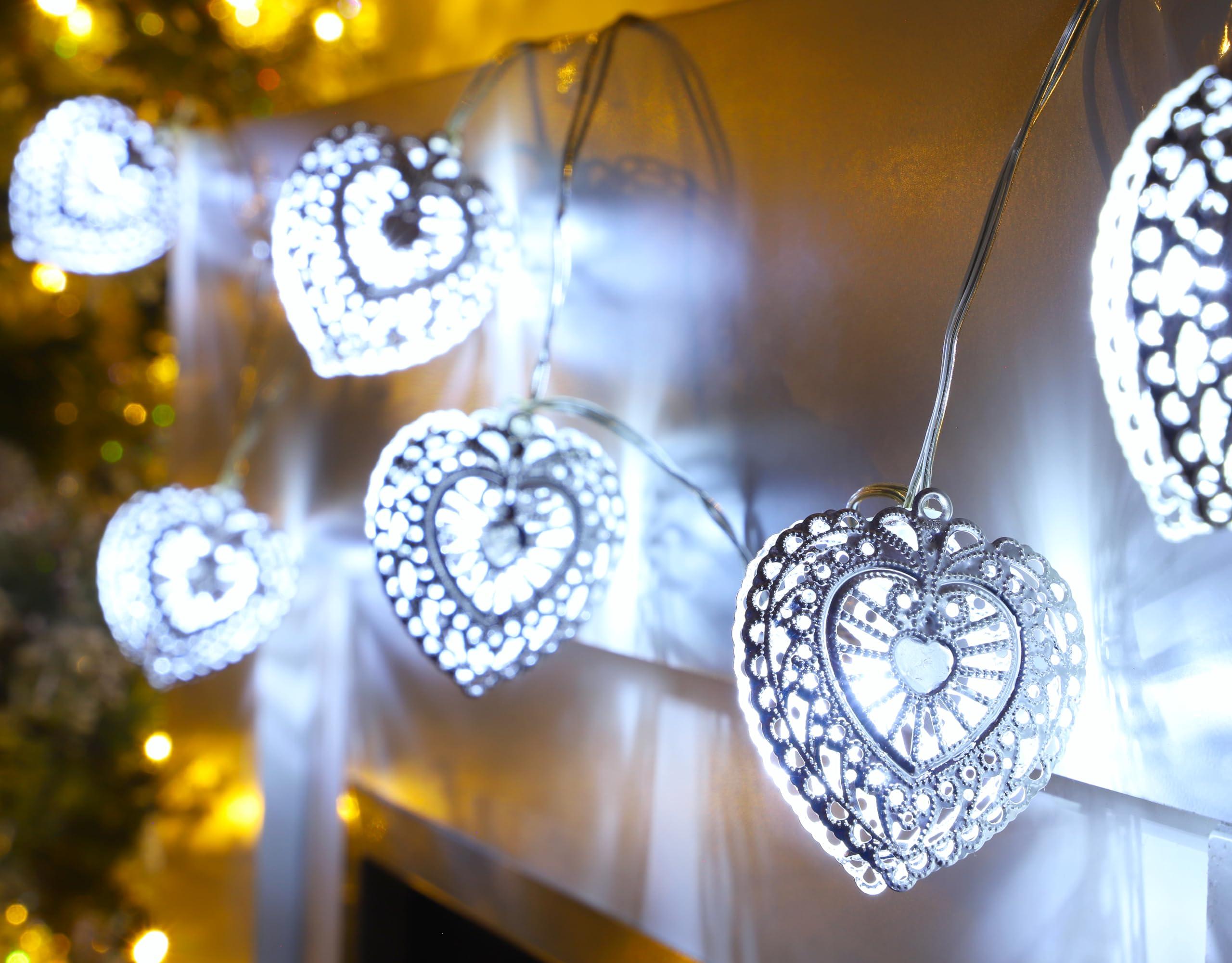 Christmas Concepts 1.5m (5ft) 10 Warm White LED Metal Filigree Heart Shaped Fairy Lights - Christmas Lights - Everyday Lights - Bedroom Lights (Filigree Silver)